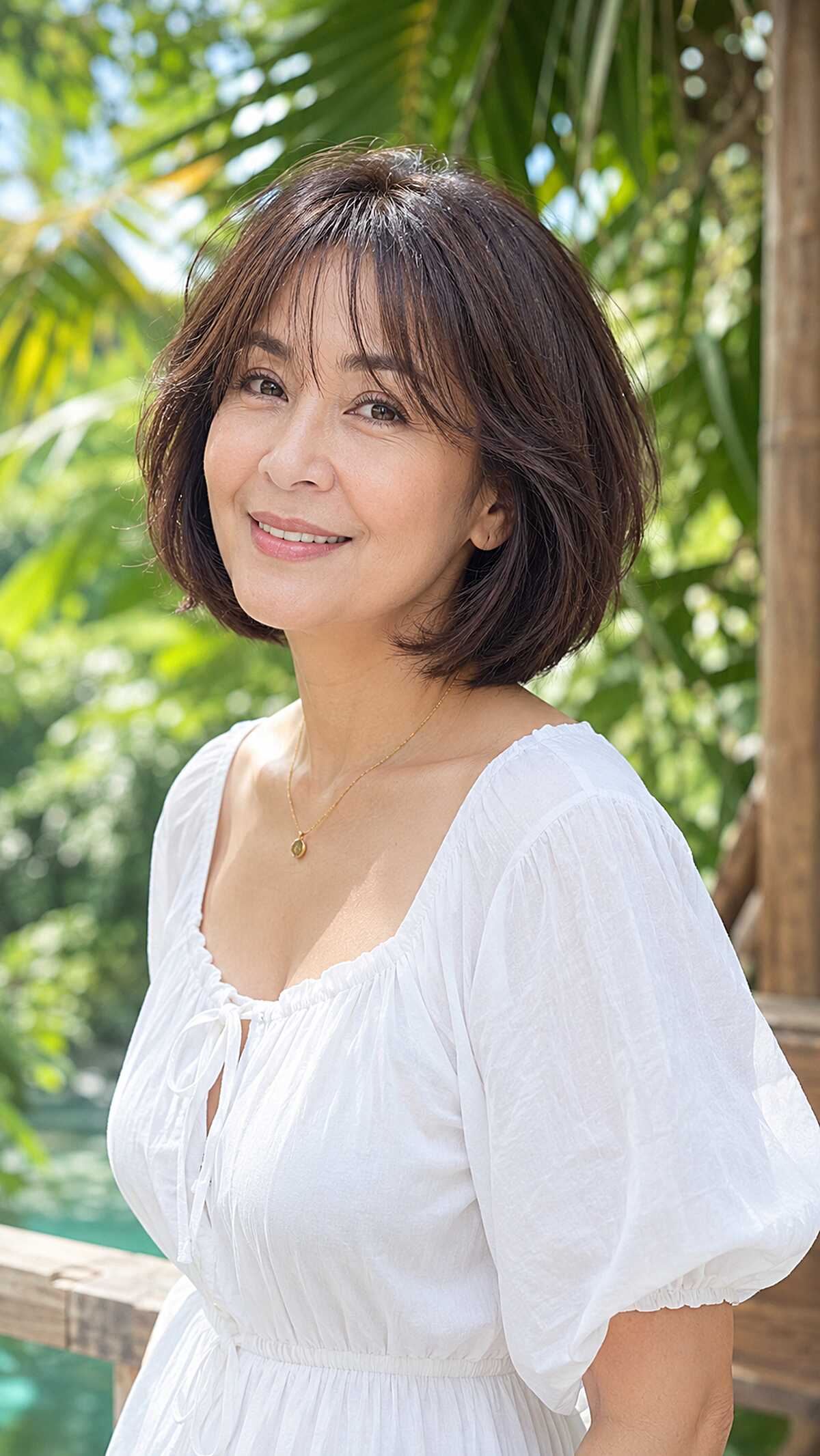 Soft layered dark brown bob with airy curtain fringe