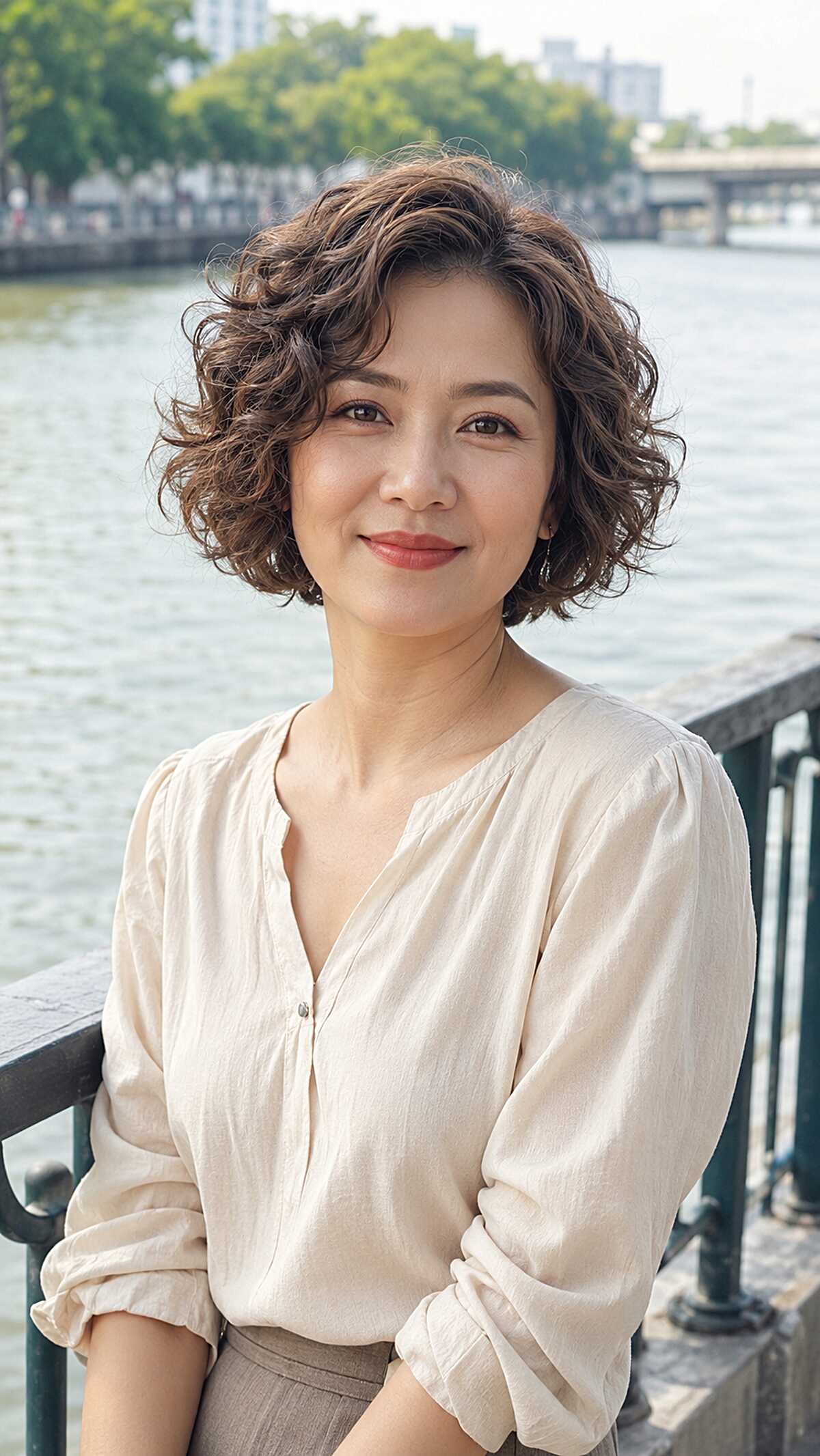 Soft curly perm on a chin-length dark brown bob