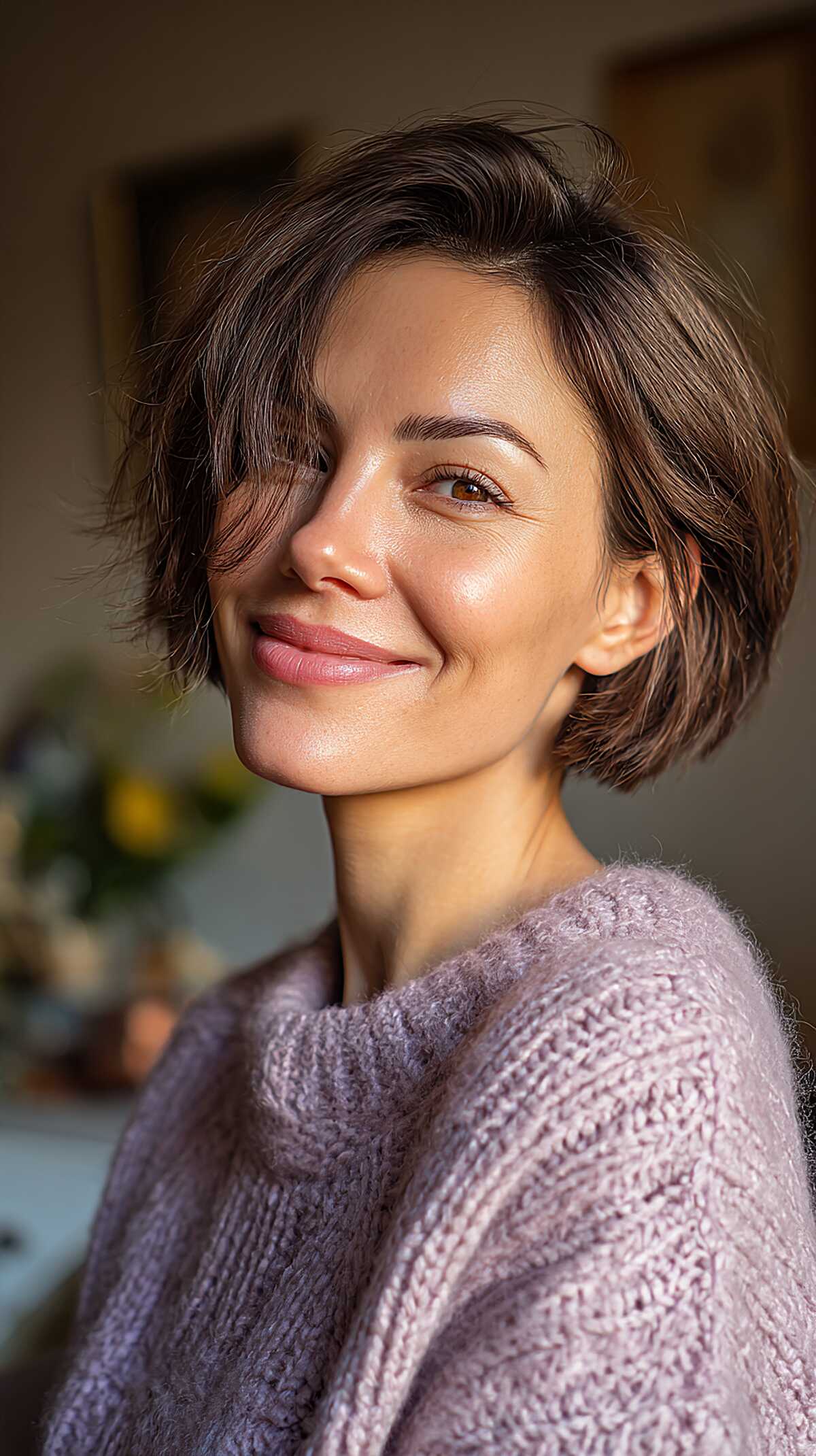 Short brunette bob with soft tousled layers and movement