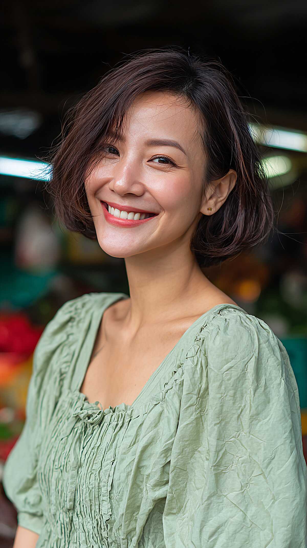 Dark brown chin-grazing bob with soft waves and layers