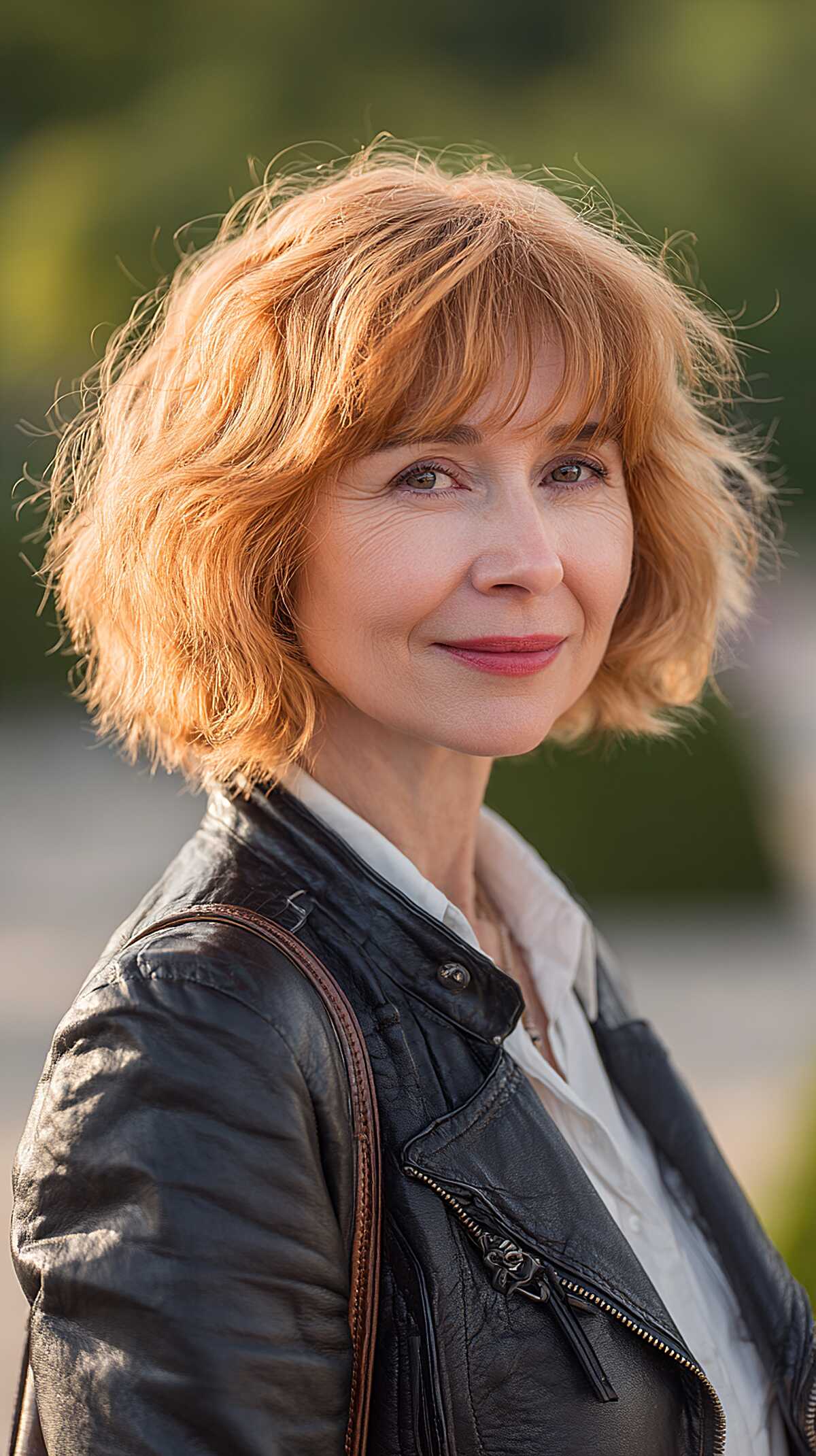 Strawberry blonde shaggy bob with soft wispy bangs