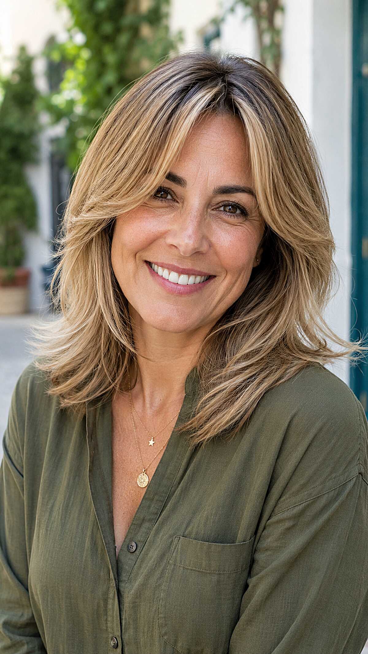 Medium blonde layered hair with swoopy curtain bangs
