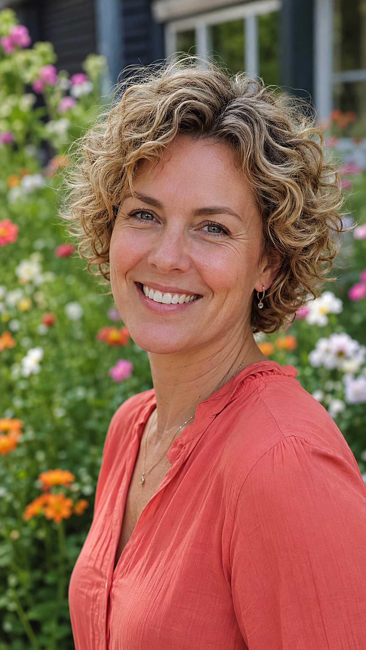 Short spiral curl crop with dimensional sunkissed blonde