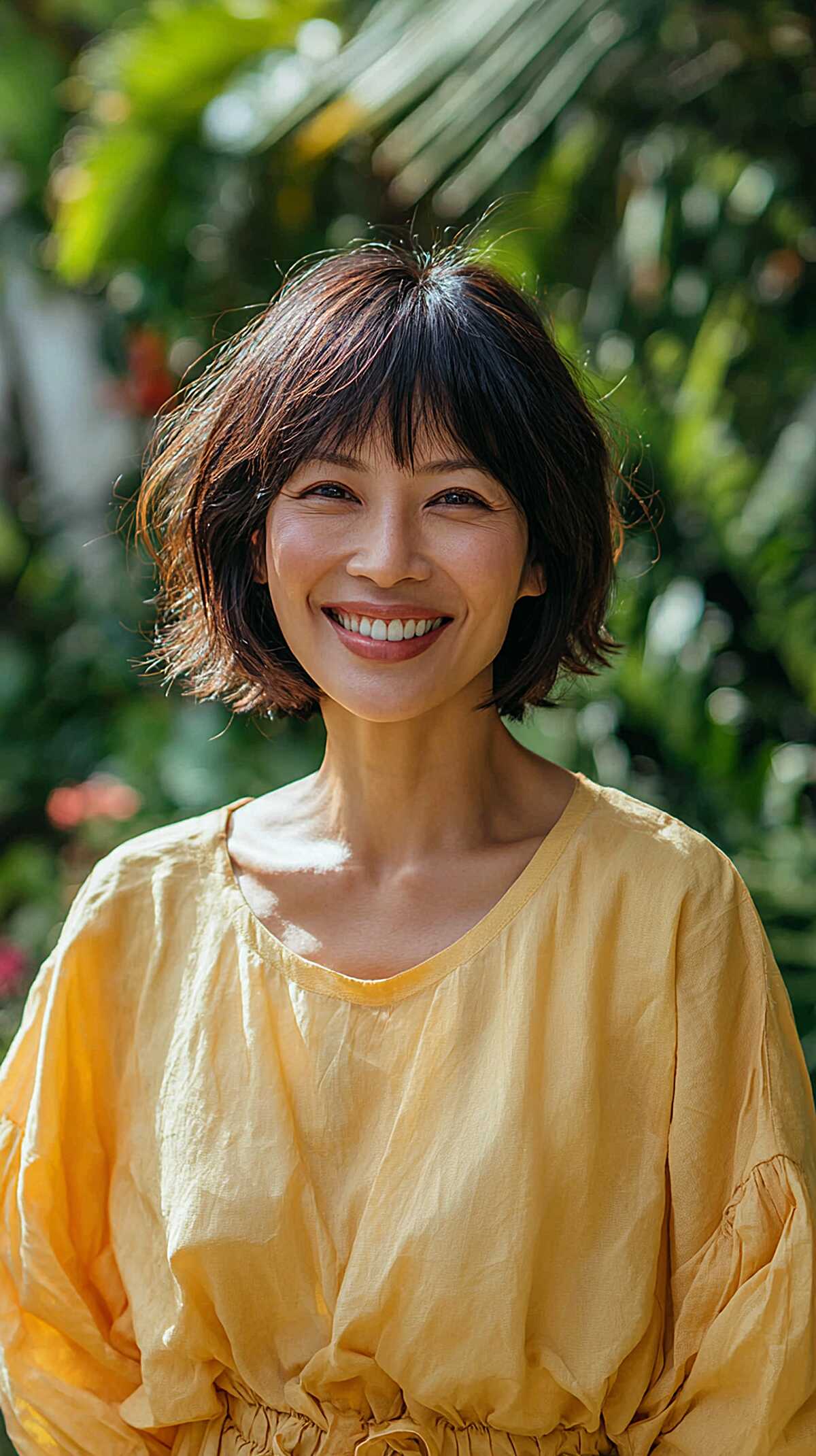Dark chin-length shaggy bob with soft wispy fringe