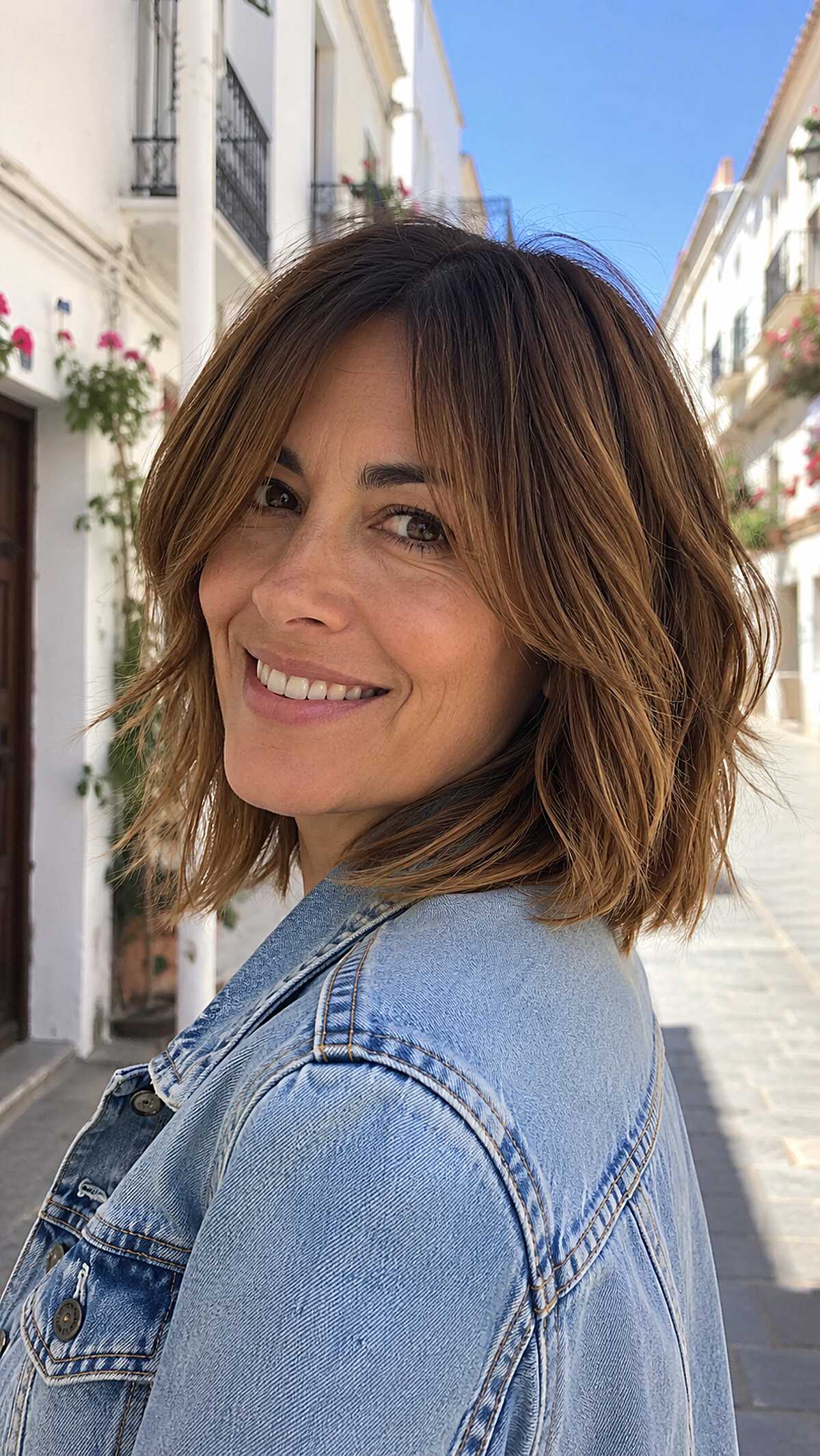 Shoulder-length layered lob with curtain bangs and waves