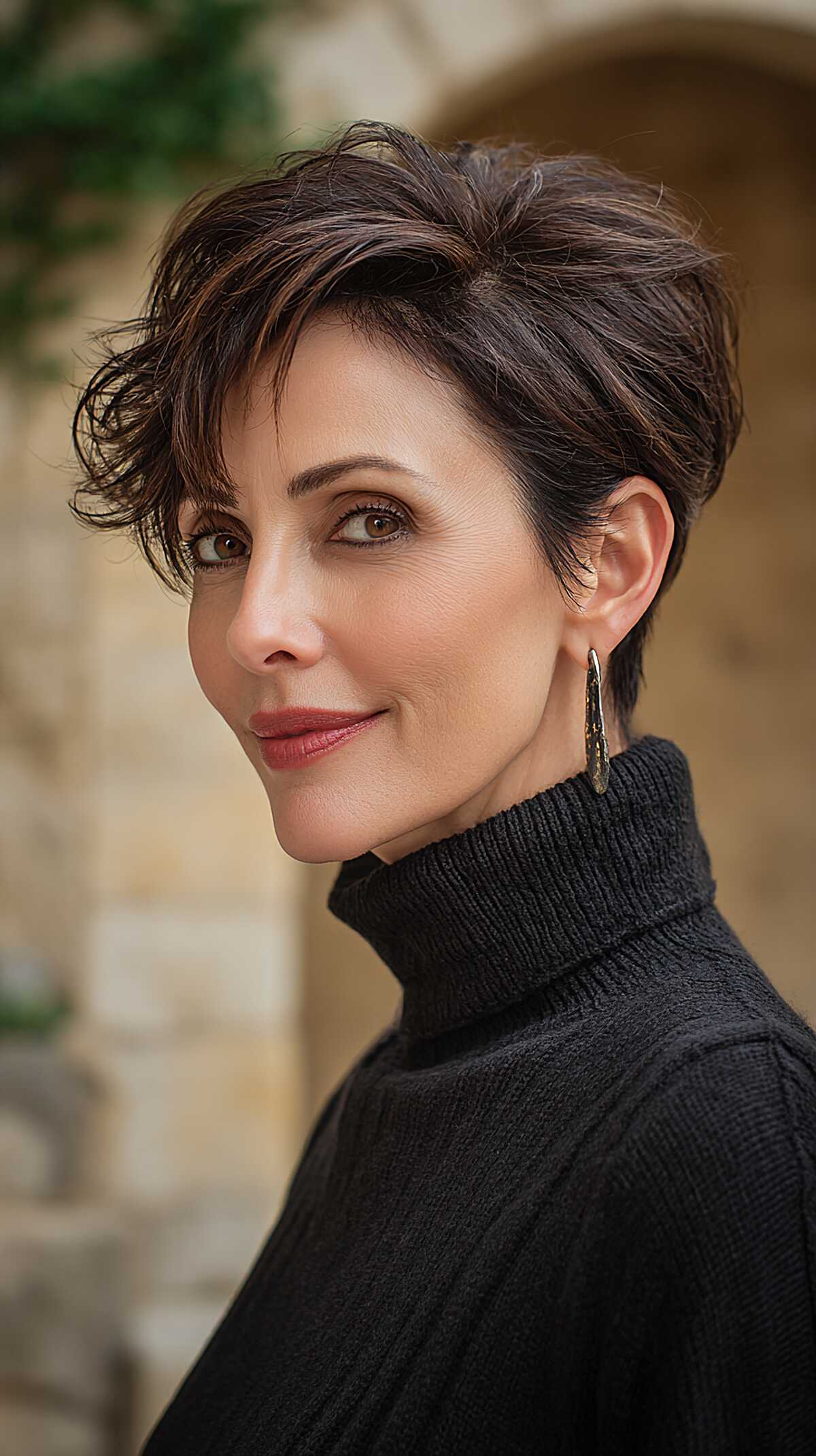 Dark brown textured pixie with tousled layers on top