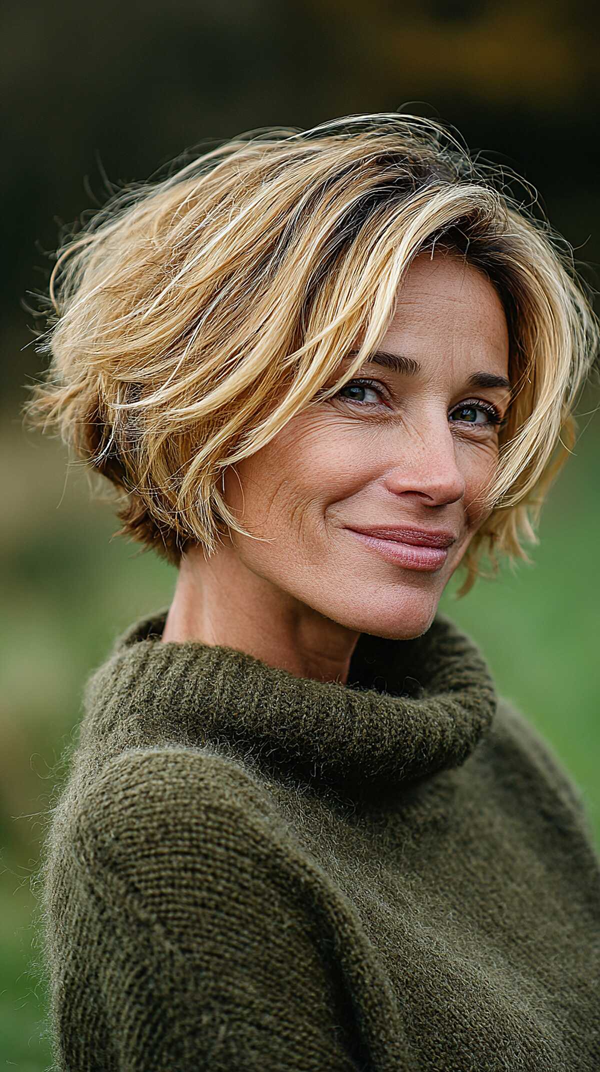 Chin-length tousled blonde bob with choppy layers