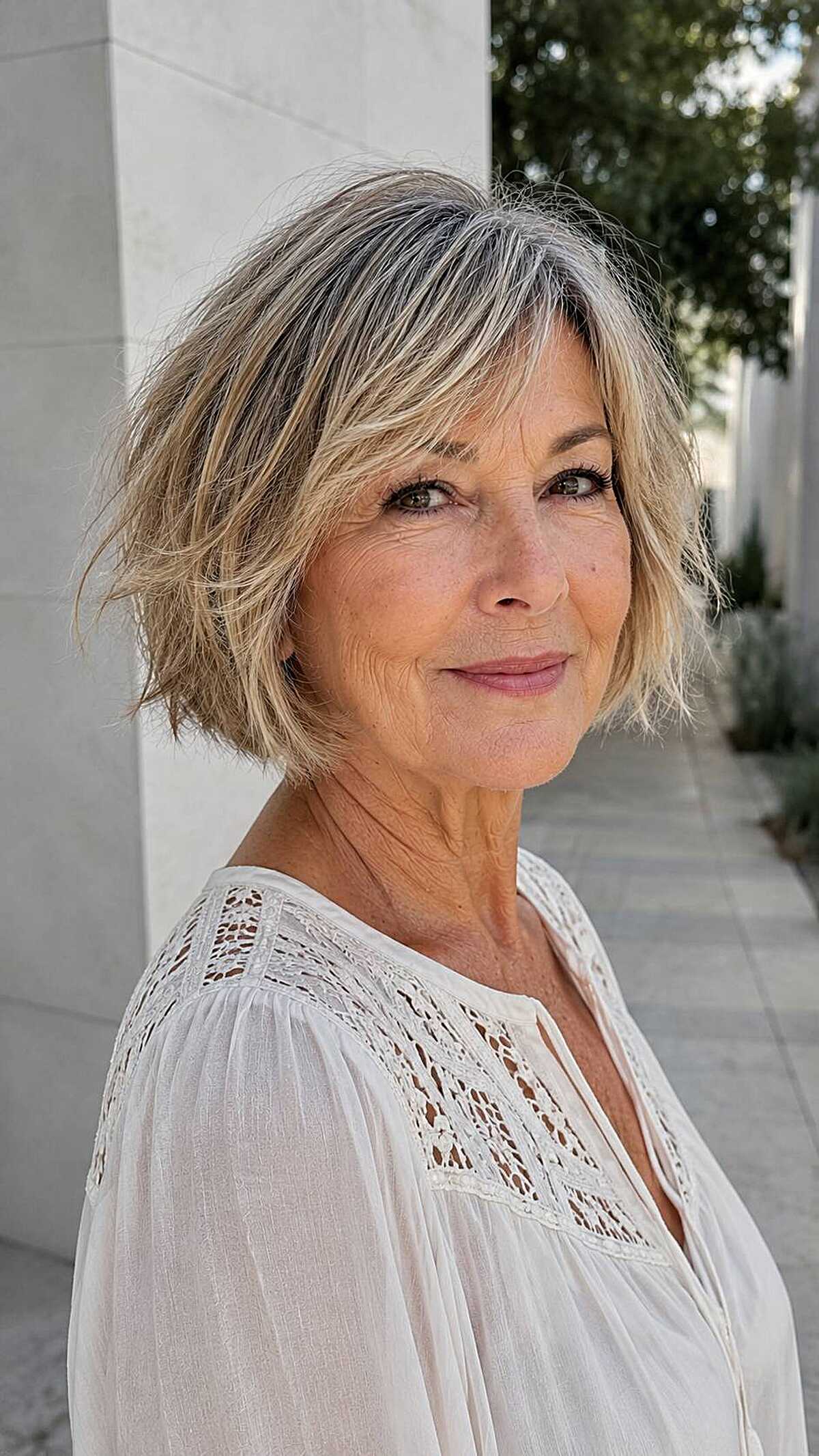 Tousled chin-length blonde bob with piecey bangs