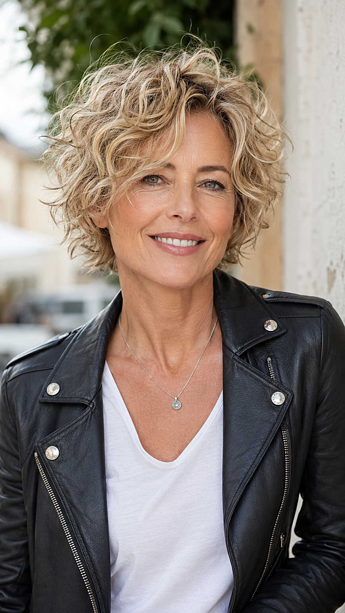 Short tousled blonde curly bob with dark grown-out roots