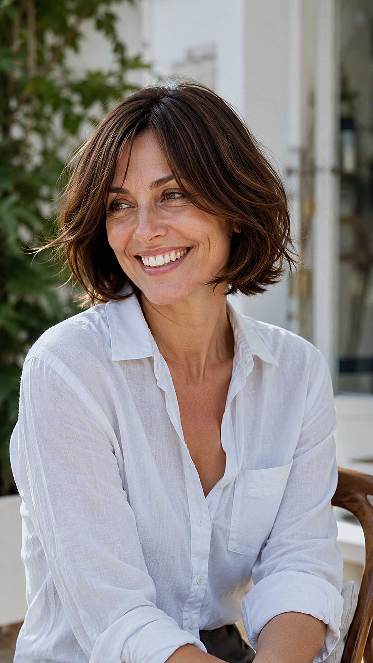 Tousled brunette bob with wispy curtain bangs