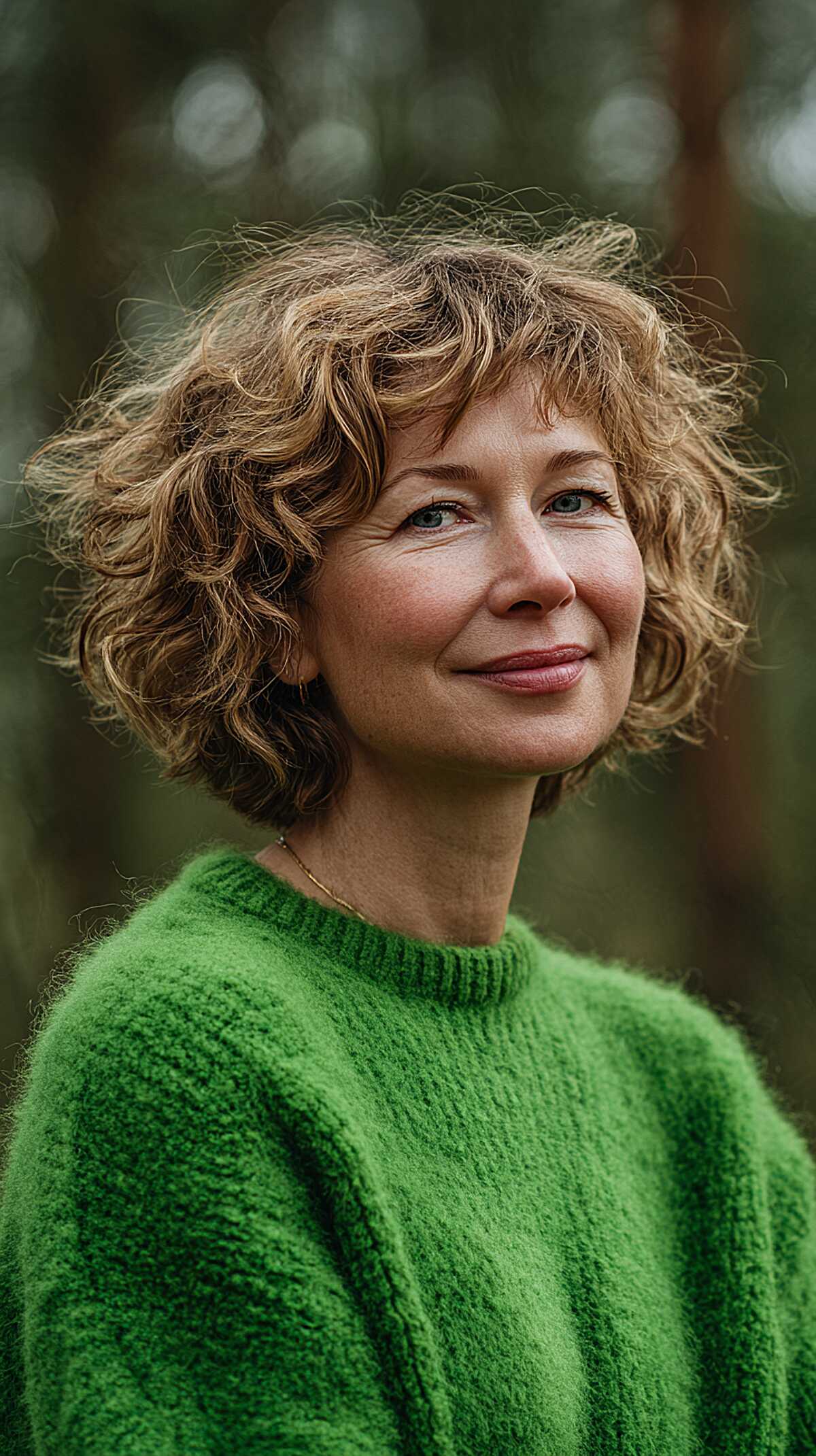 Sandy blonde tousled curly bob with natural texture