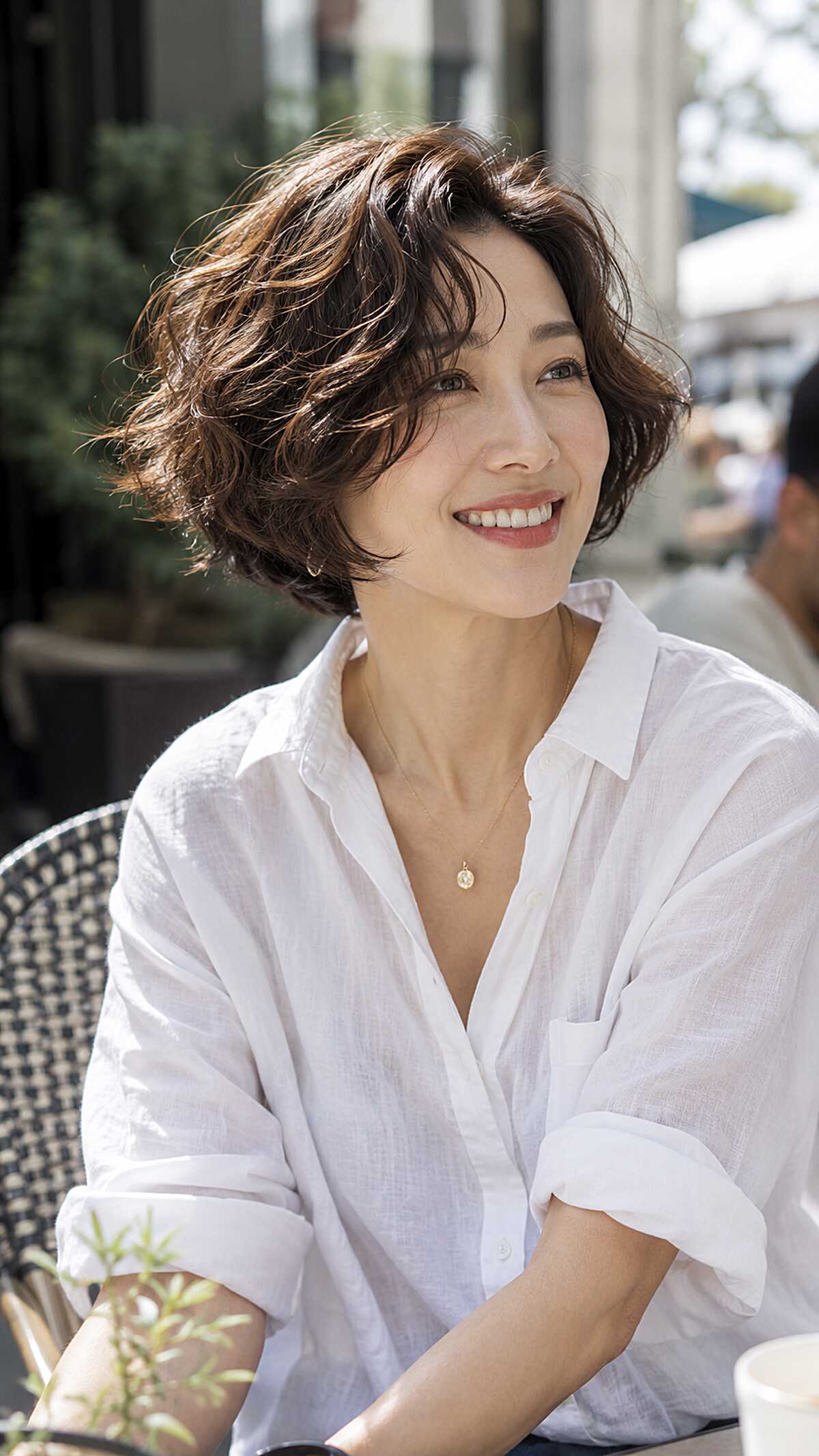 Tousled wavy bob with soft highlights on dark brown hair