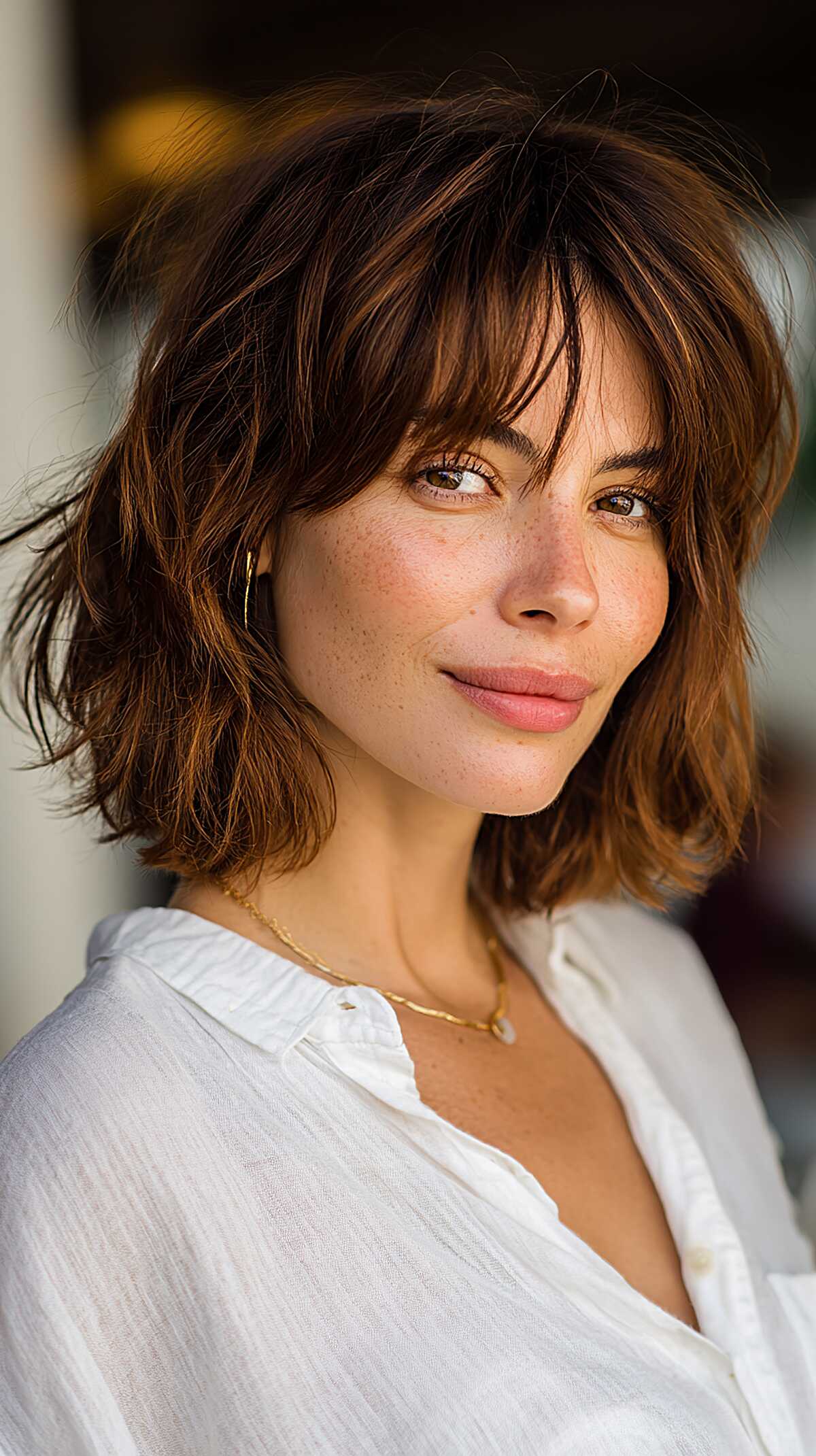 Undone brunette shaggy bob with piecey curtain bangs