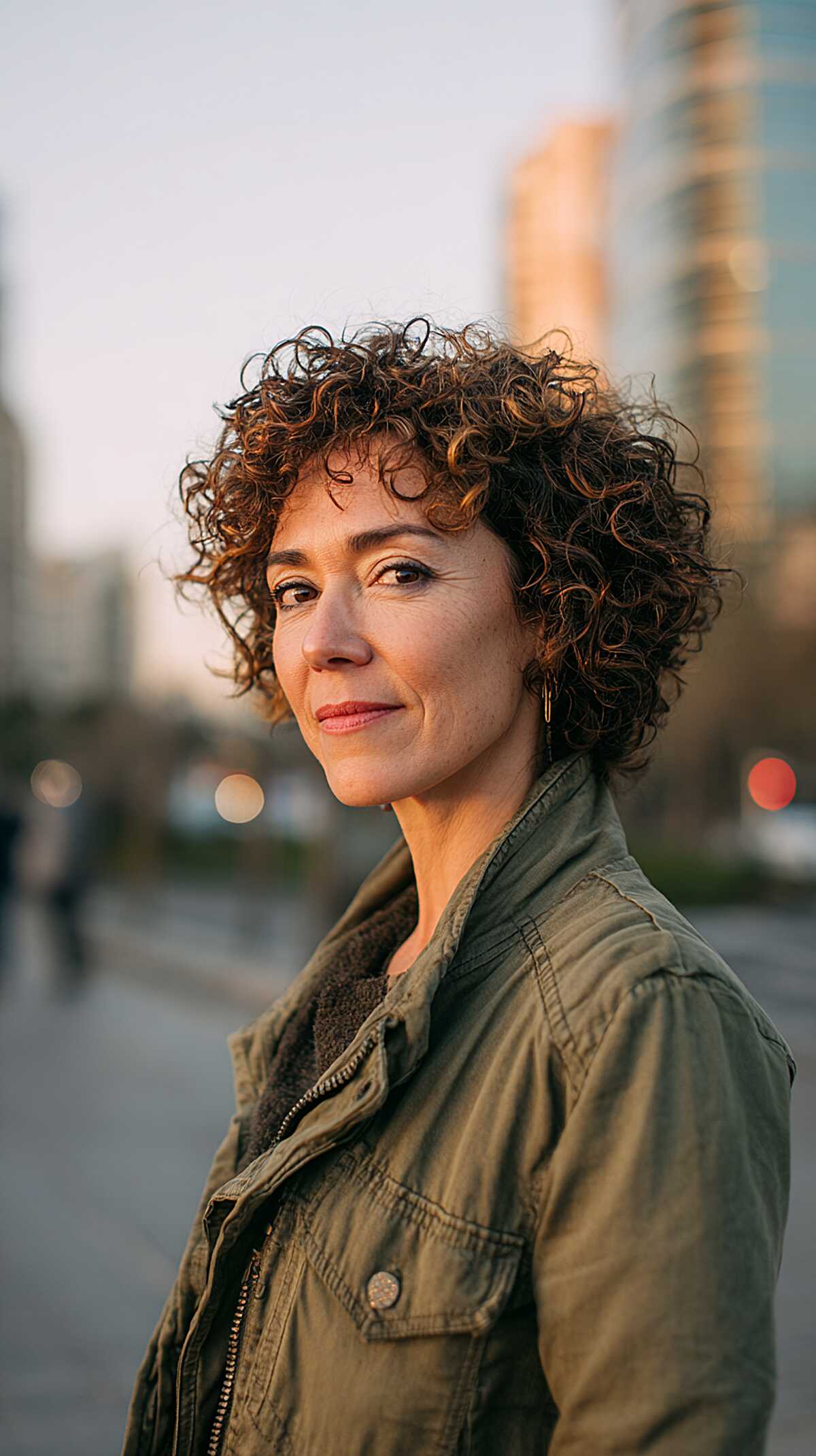 Urban tight curl perm on short dark hair with warm tones