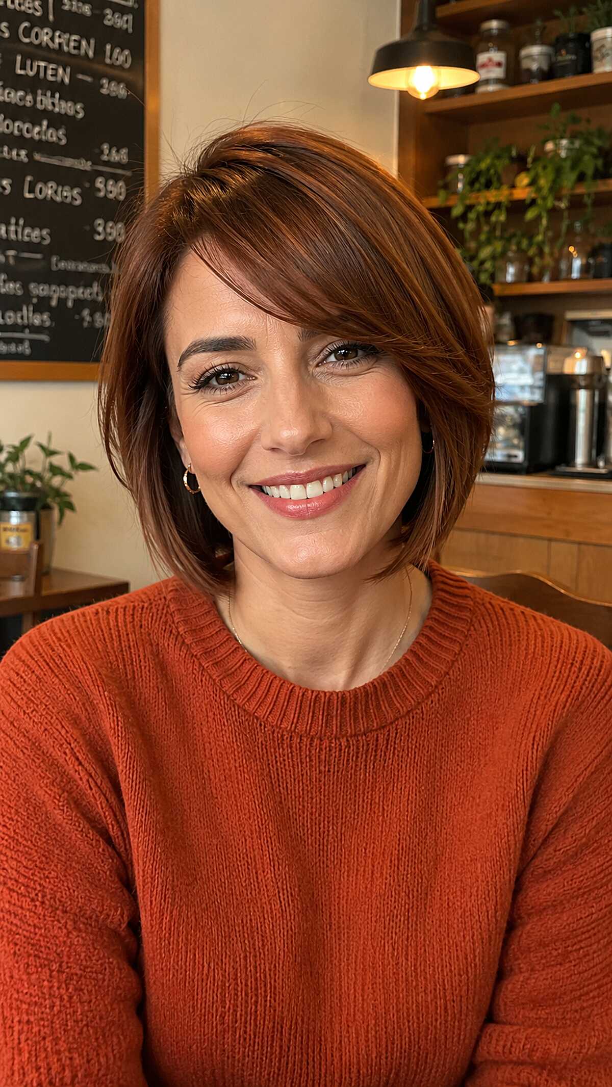 Warm auburn chin-length bob with a deep side part