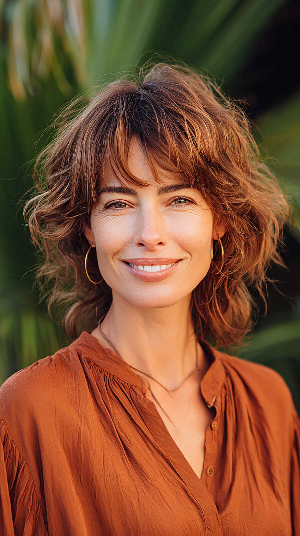Warm auburn curly shaggy bob with brow-skimming bangs