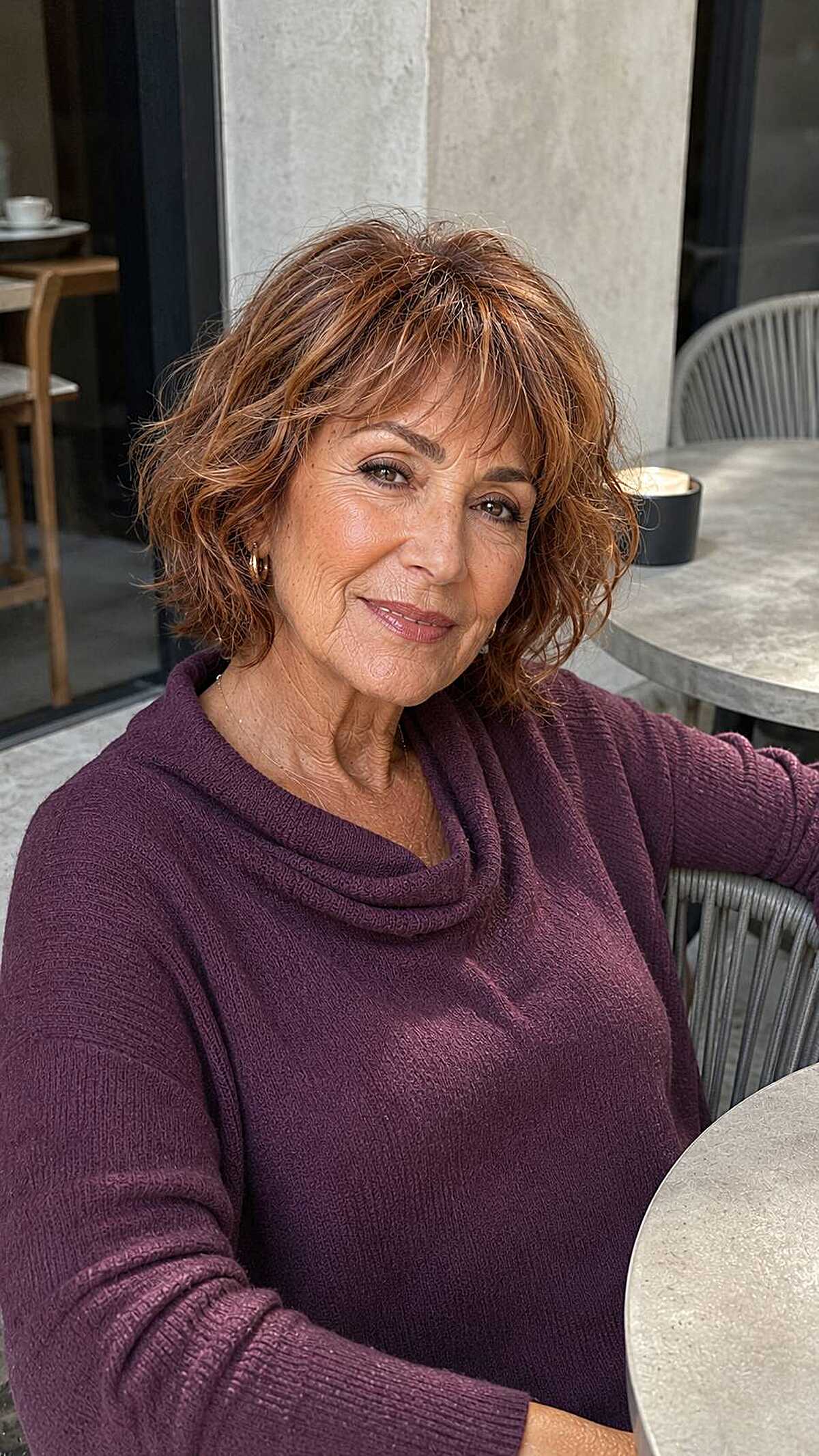 Warm auburn wavy bob with choppy bangs over 60