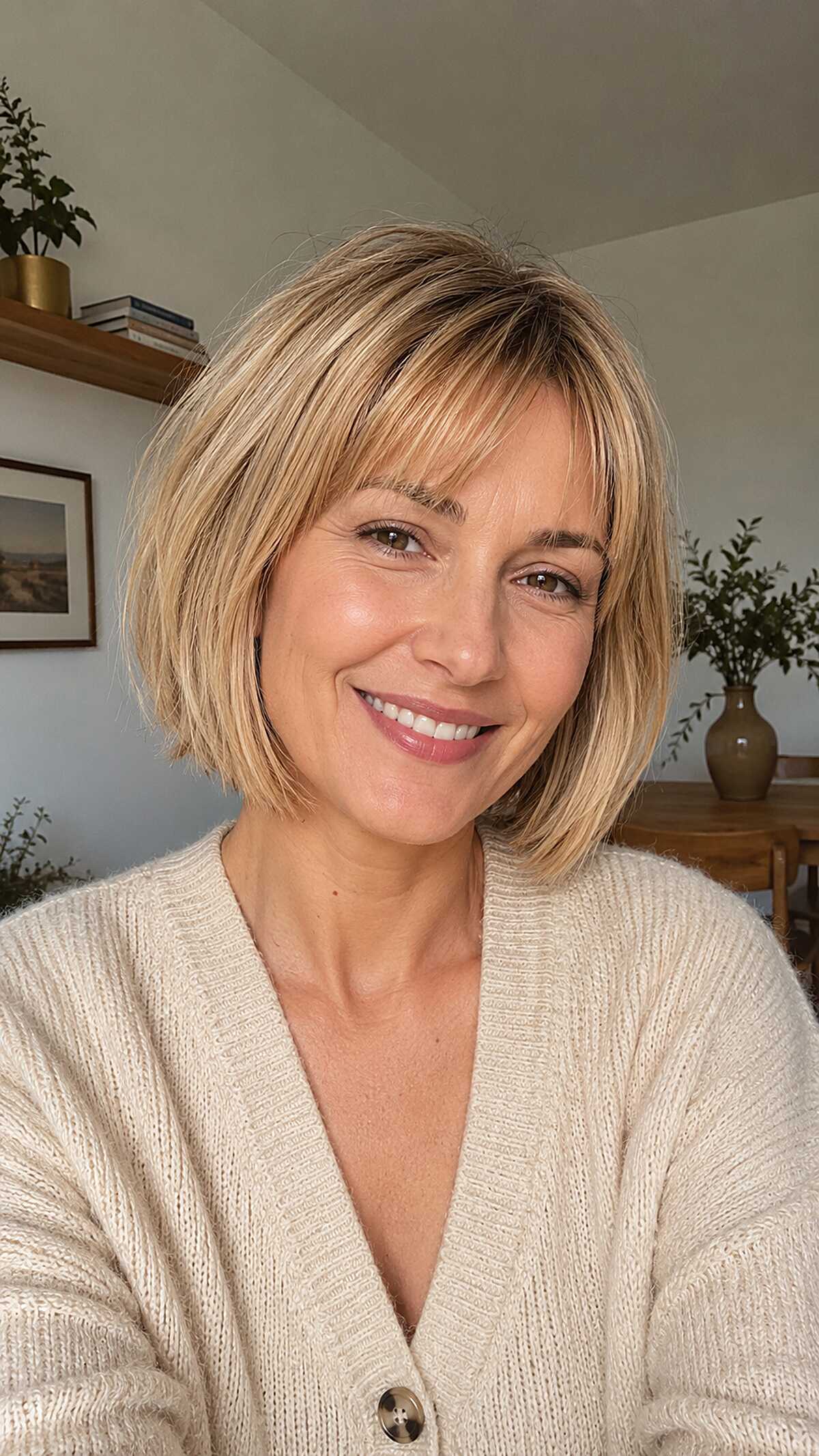 Warm blonde blunt bob with thin straight bangs