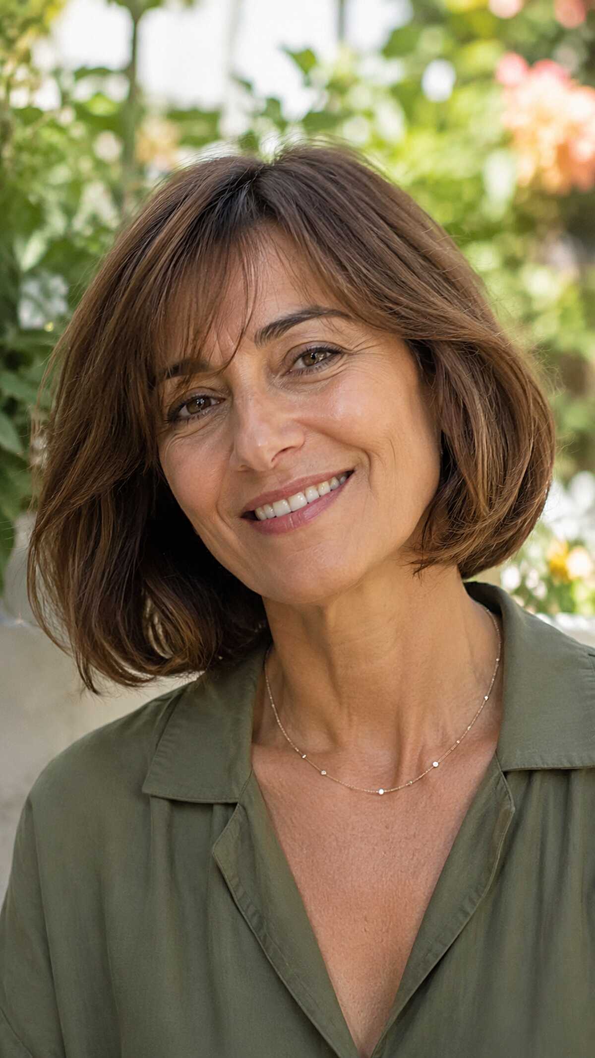 Warm brunette chin-length bob with curtain bangs