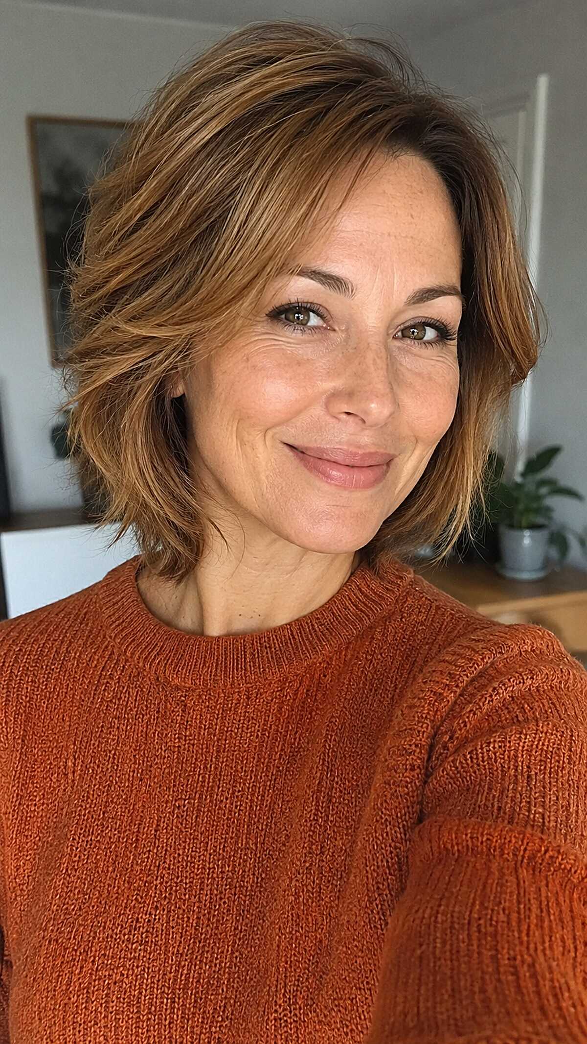 Warm copper chin-length bob with feathered layered ends