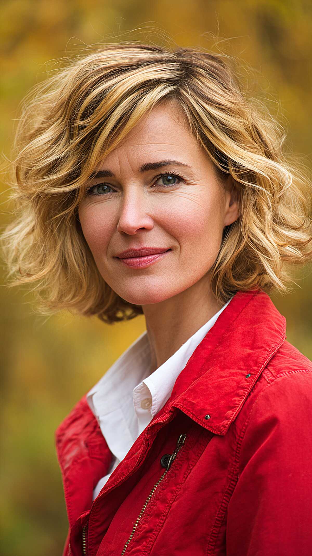 Chin-length wavy blonde bob with tousled layered texture