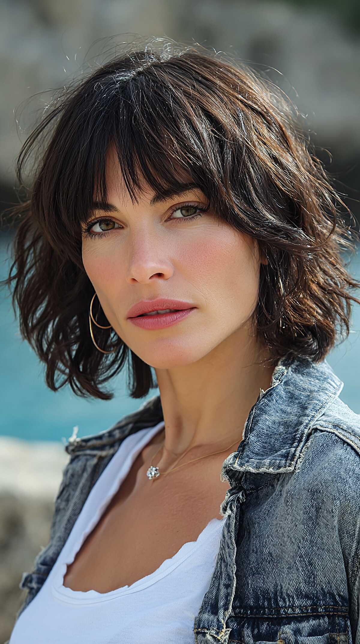 Wavy dark brown shaggy bob with full bangs