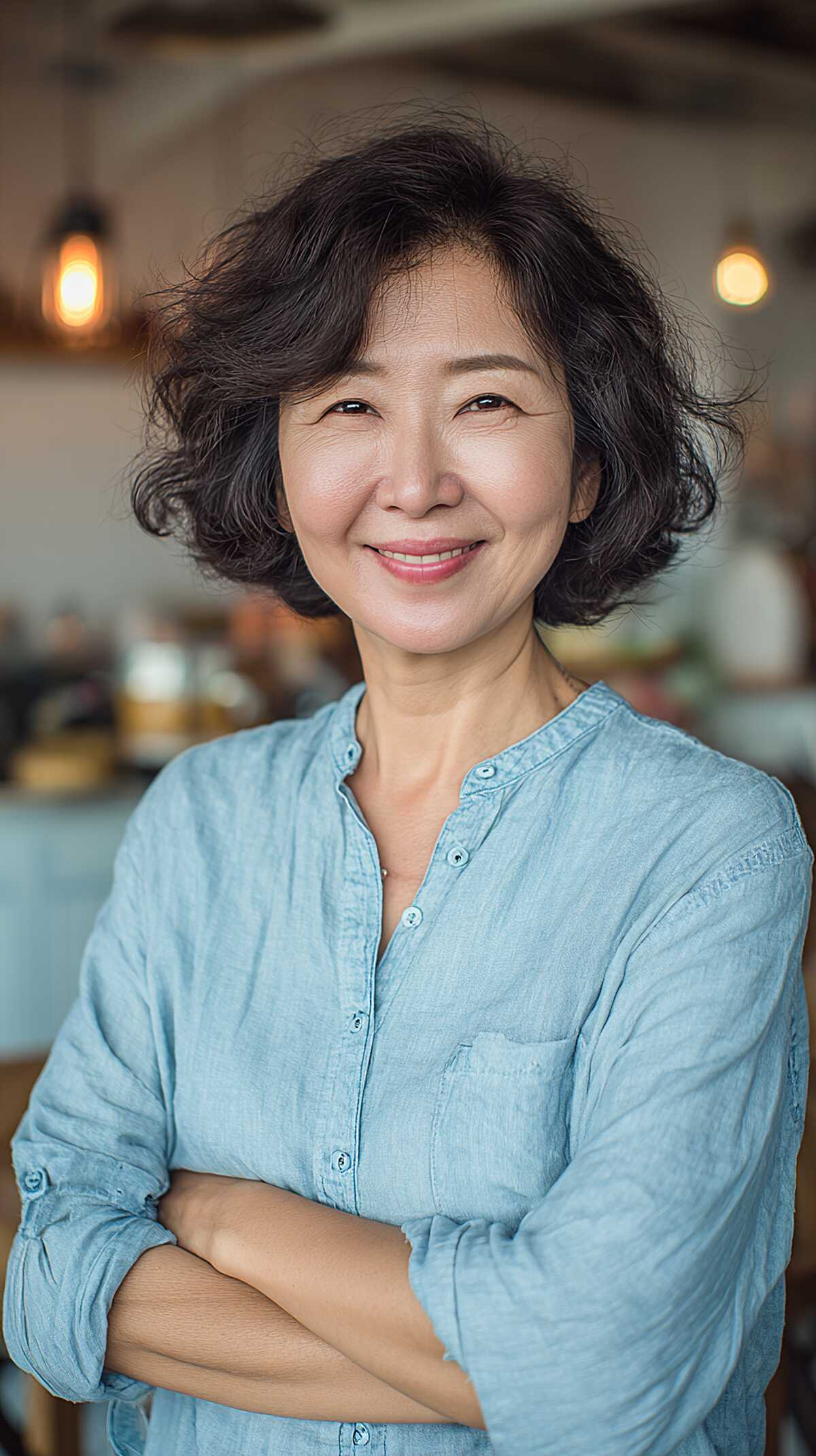 Chin-length wavy dark bob with natural volume and layers