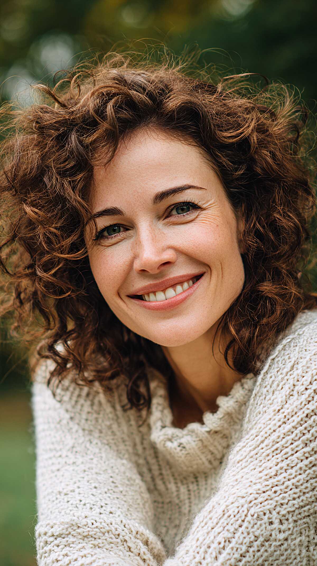 Voluminous chestnut brown curls with wild natural texture