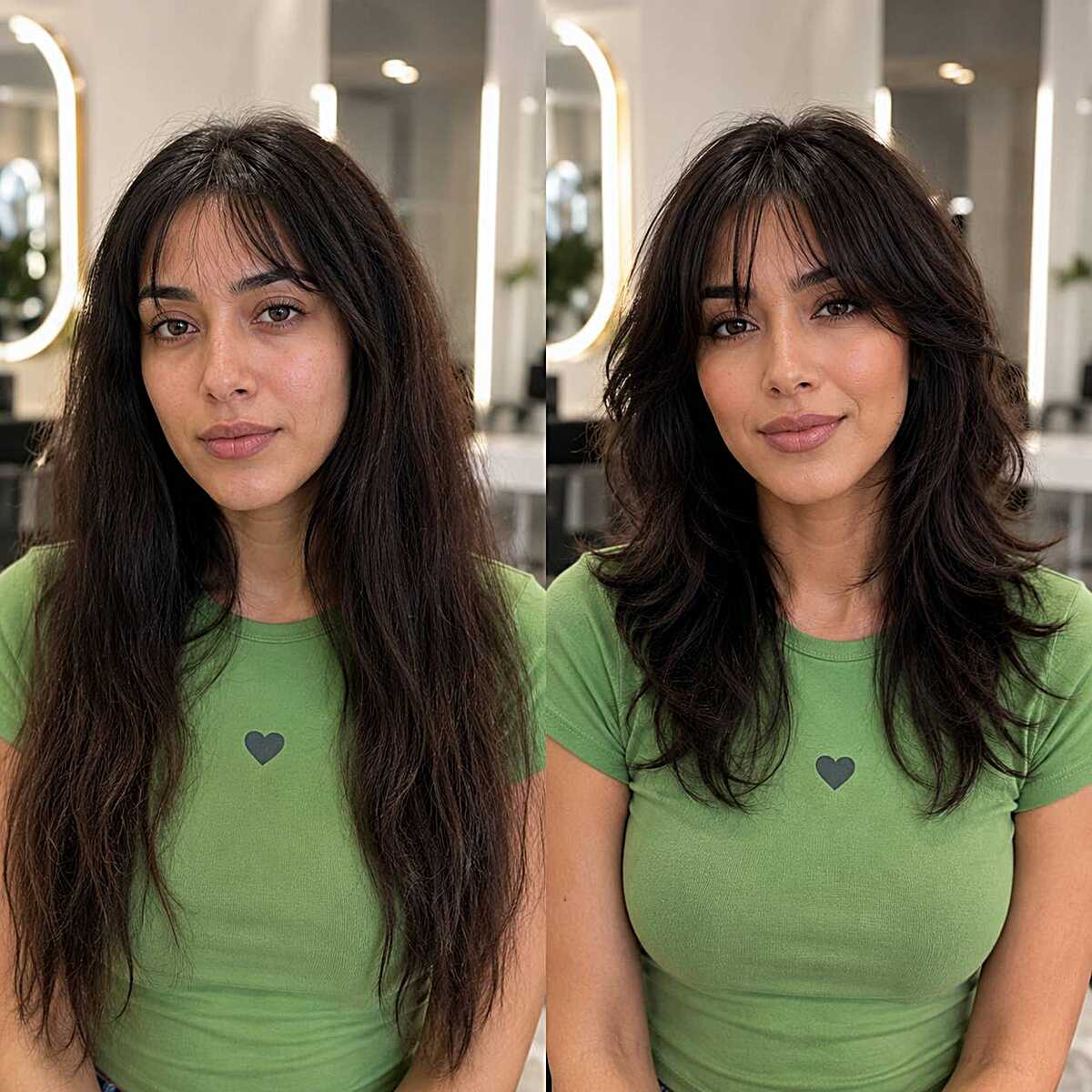 Before and after wolf cut with curtain bangs on dark hair