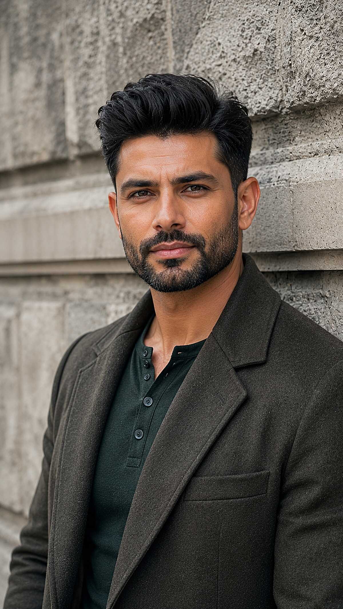 Dark quiff with lifted texture and tapered fade