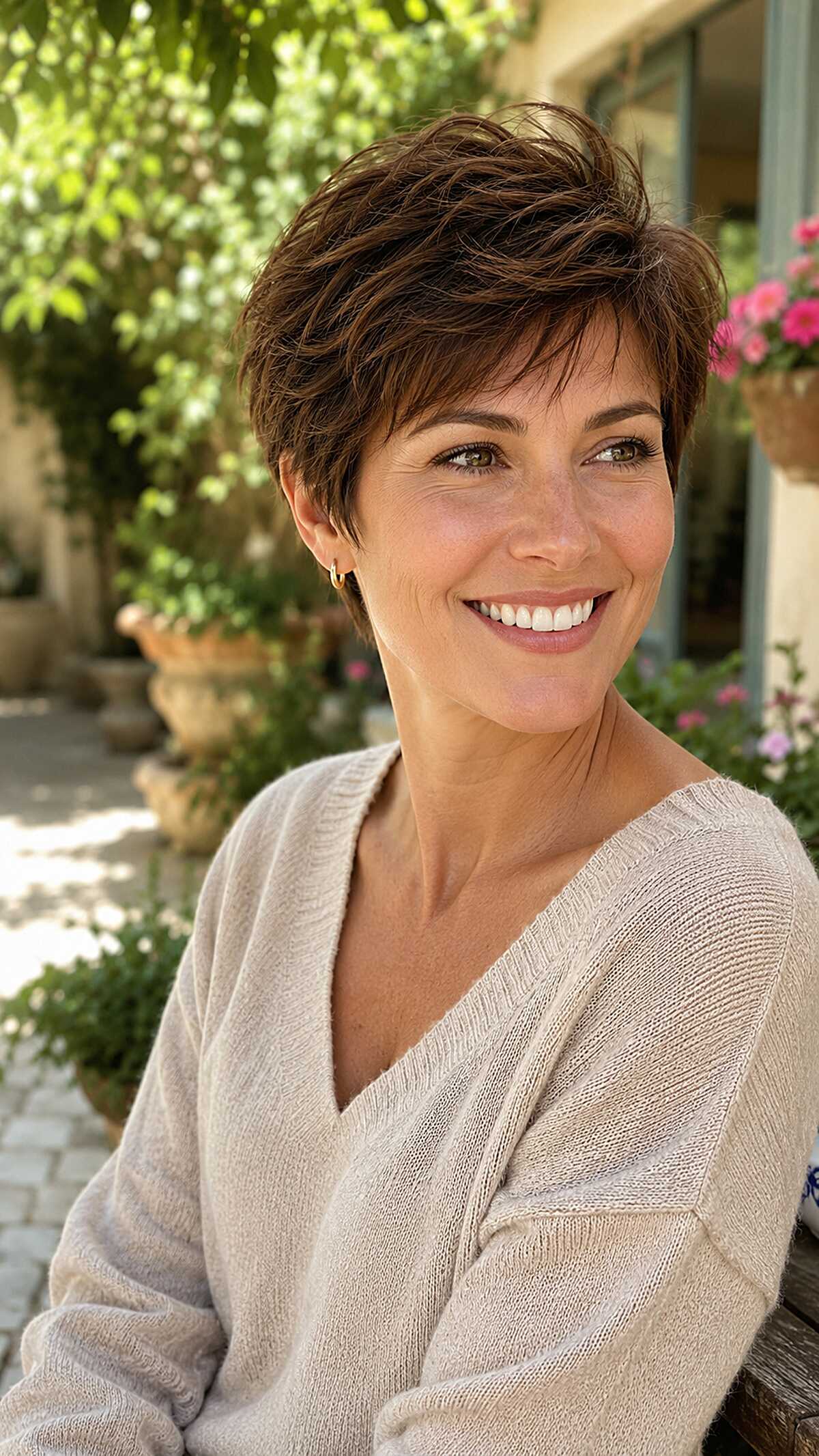 Brunette feathered pixie with tousled layers and highlights