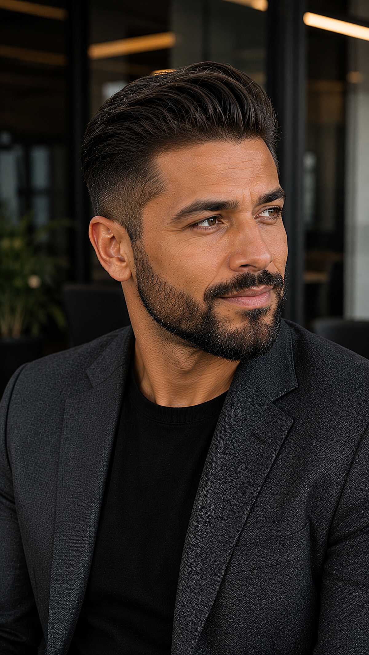 Dark brushed back hair with low taper and beard