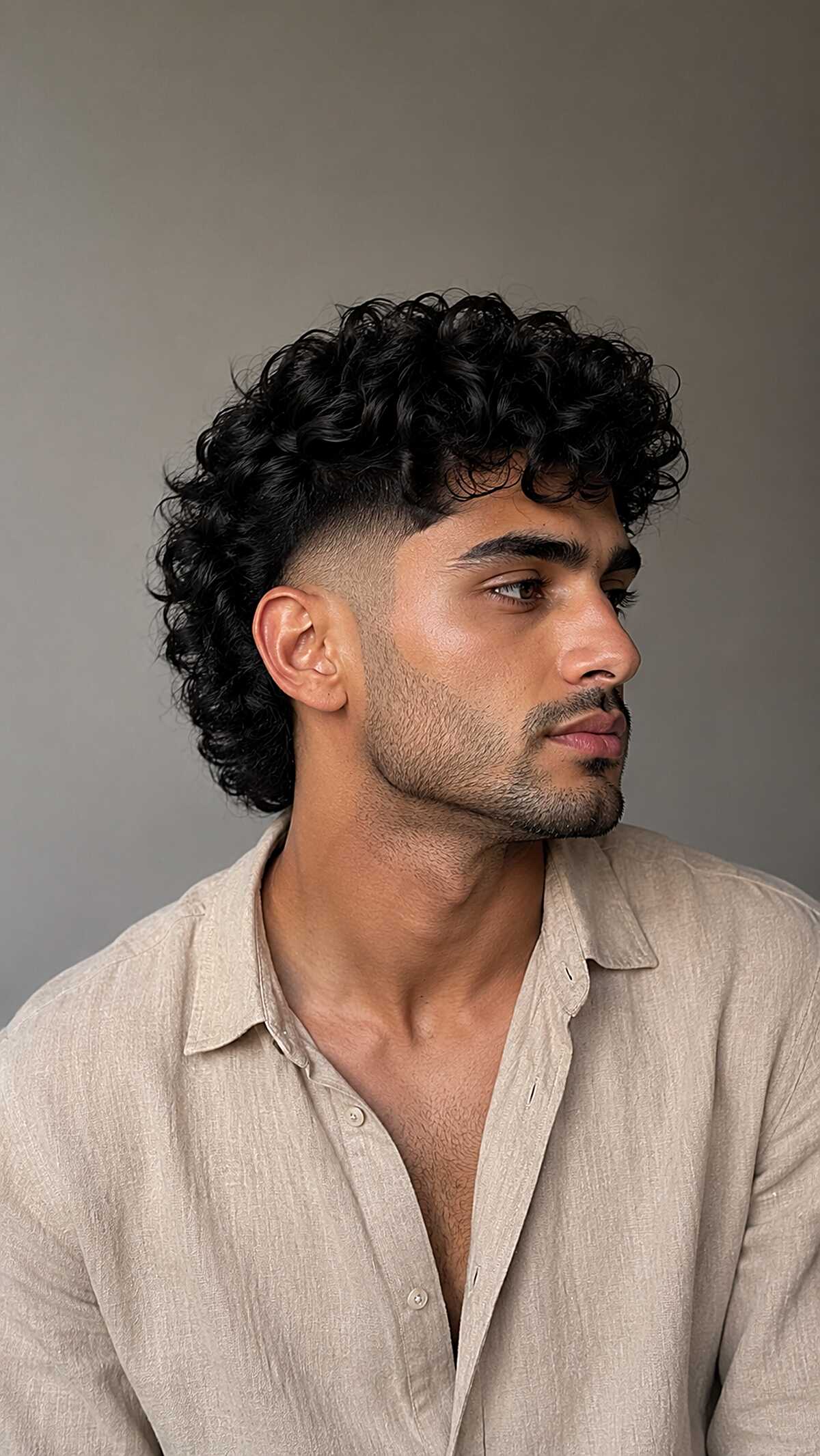 Black curly mullet with temple fade and volume
