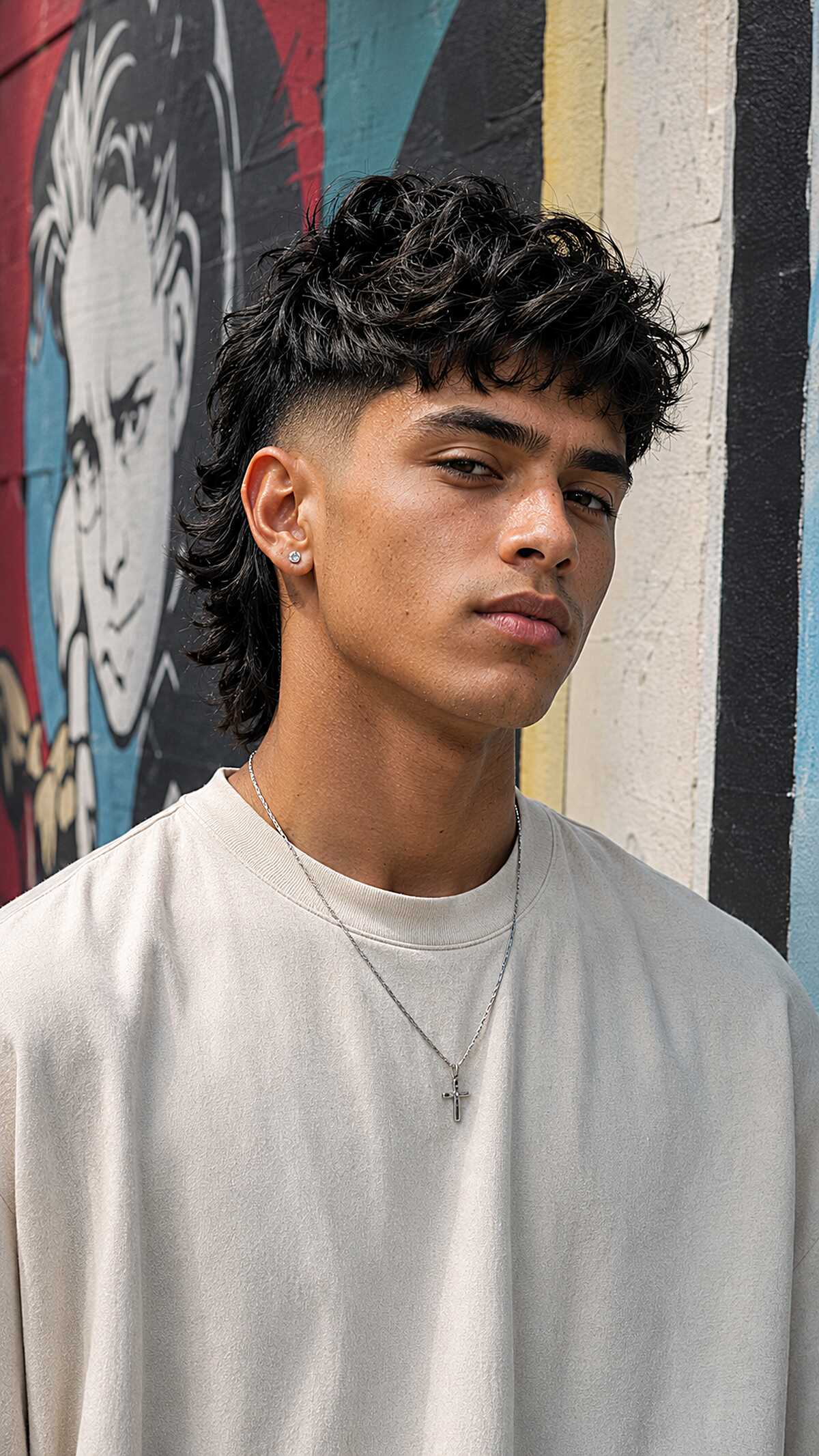 Curly mullet with wavy fringe and temple fade