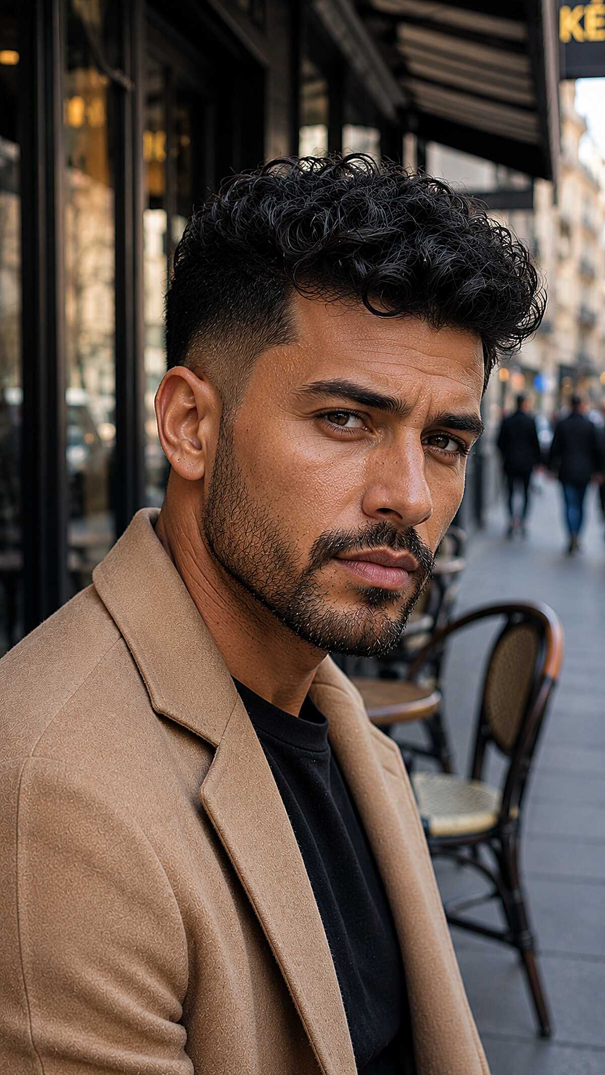 Black curly top with low fade and stubble beard