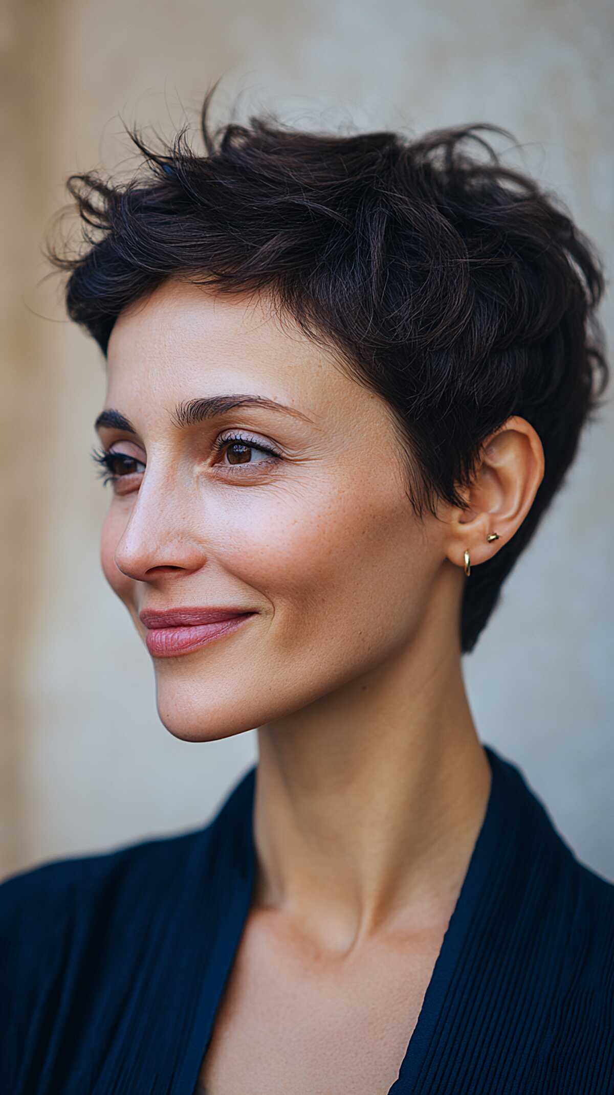 Dark brunette pixie with wavy feathered layers on top