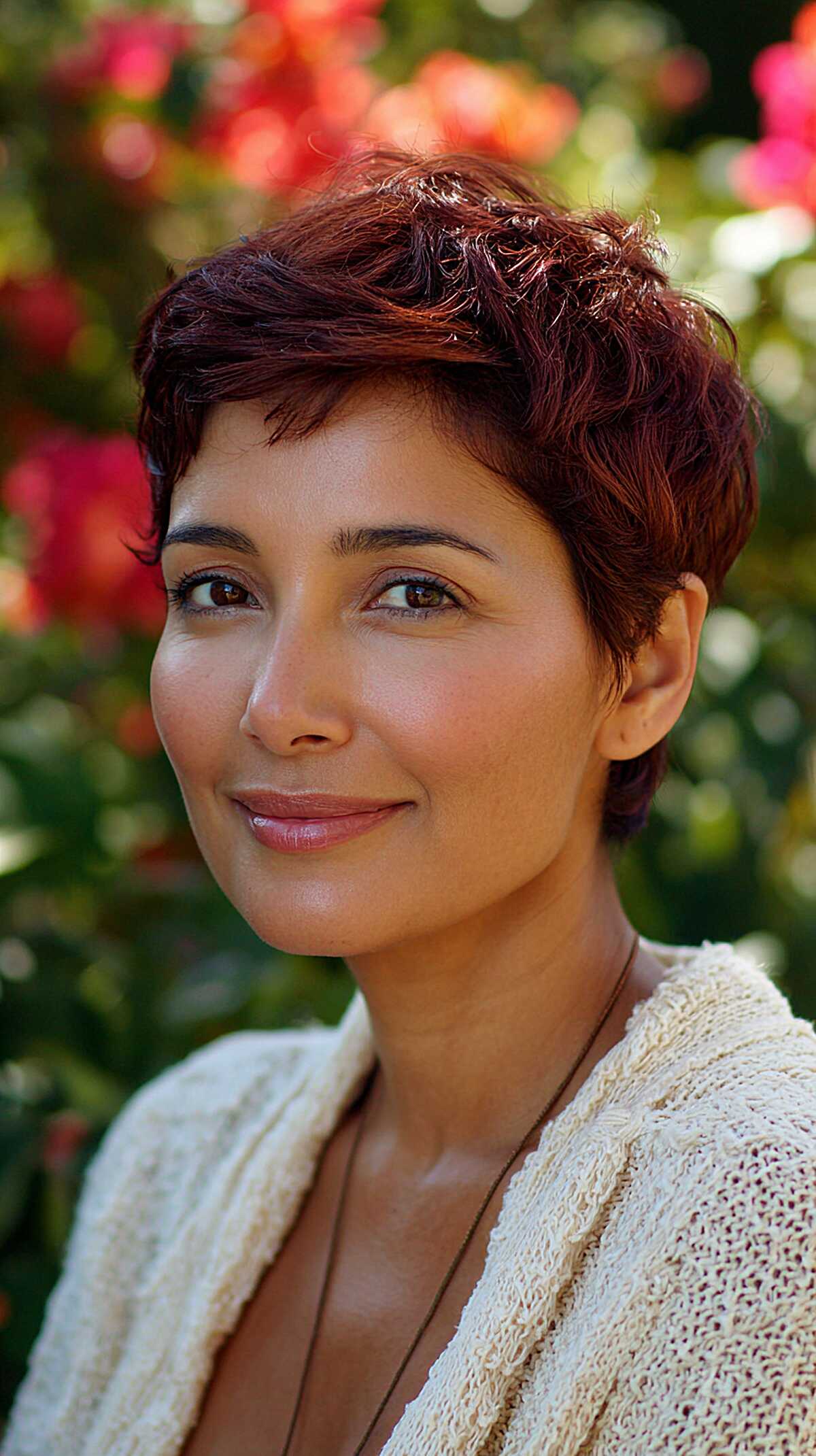 Short burgundy pixie with soft feathered texture on top