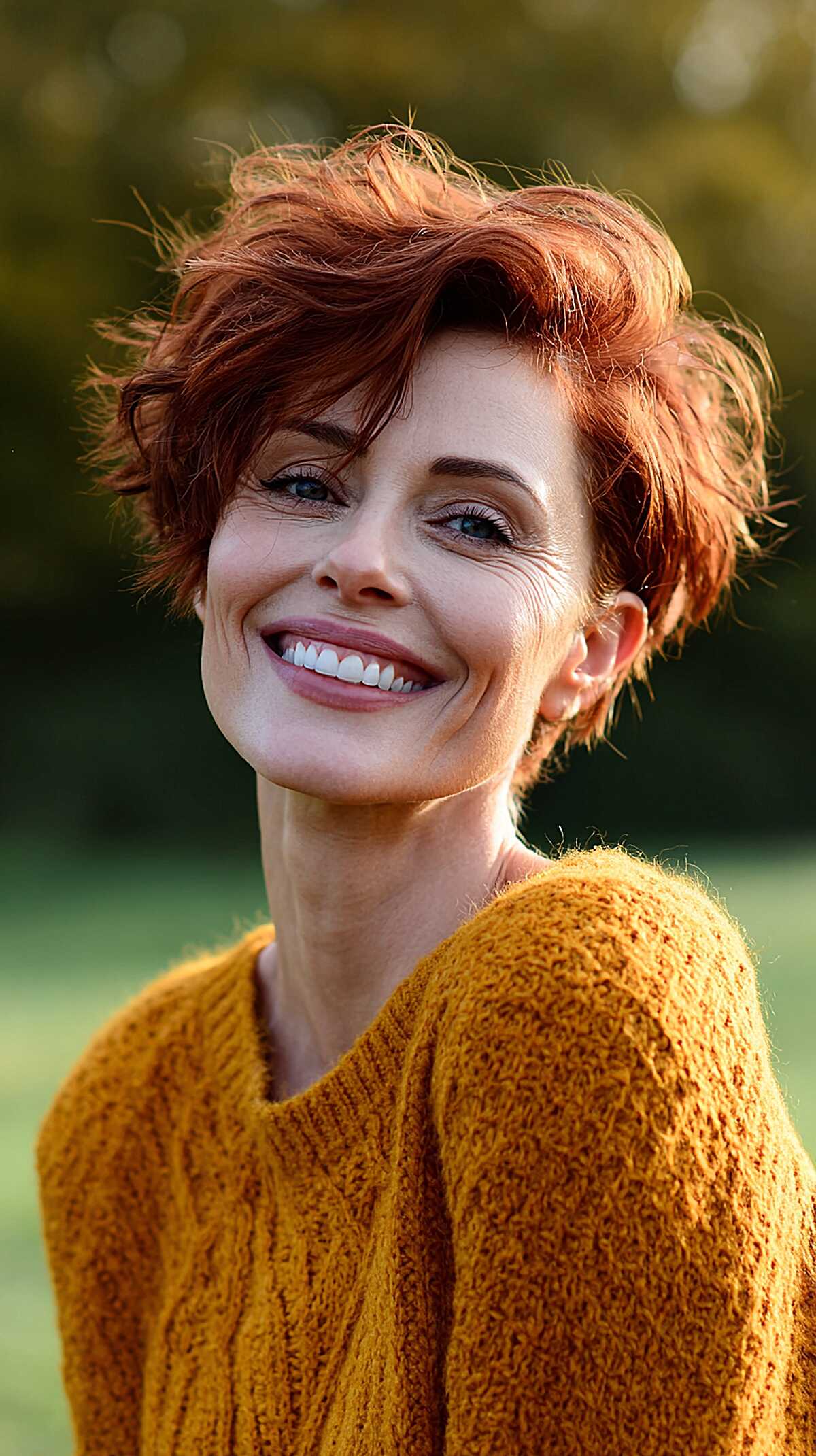 Bright red feathered pixie with voluminous tousled layers