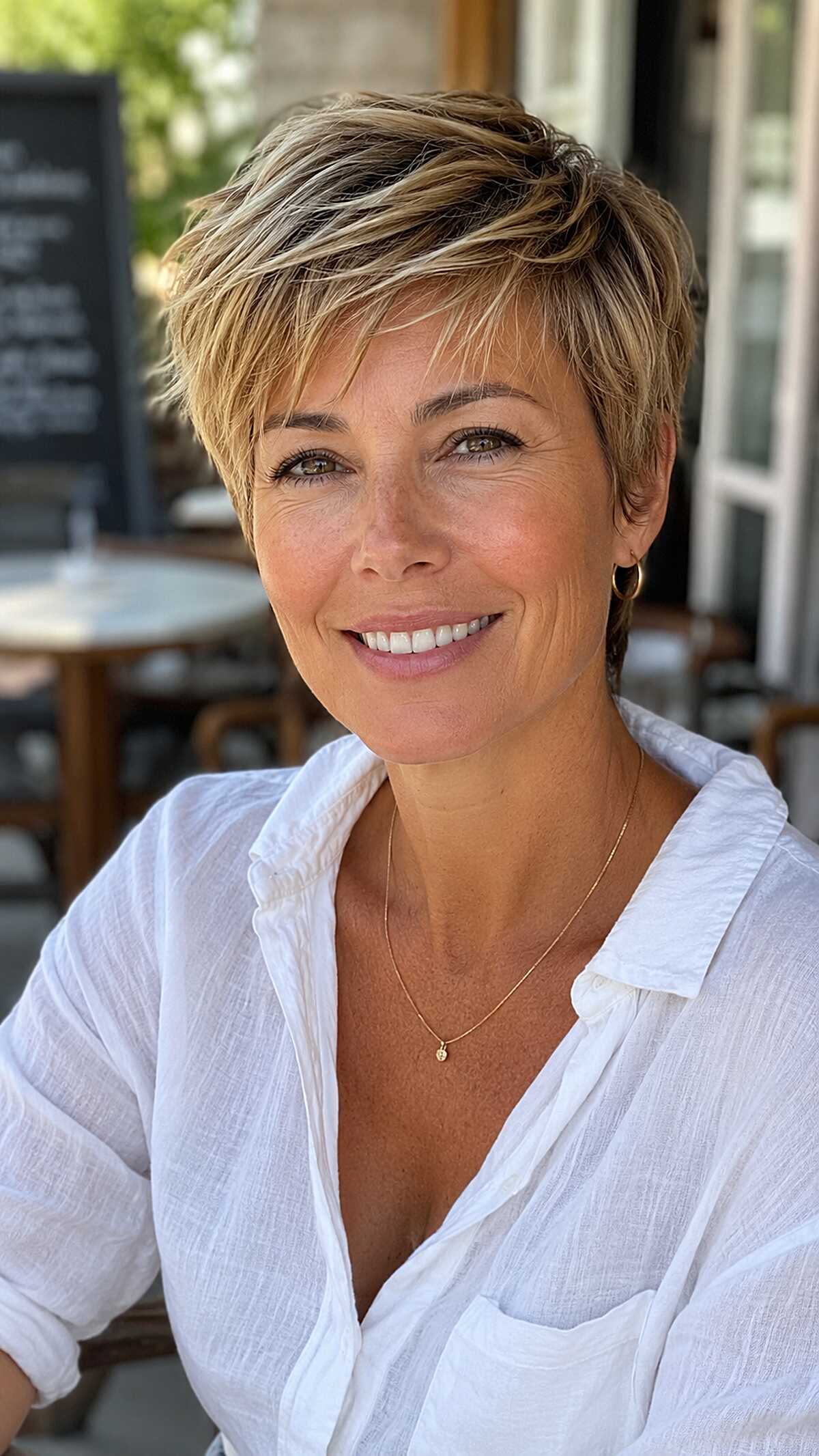 Short blonde pixie with golden highlights and feathered bangs