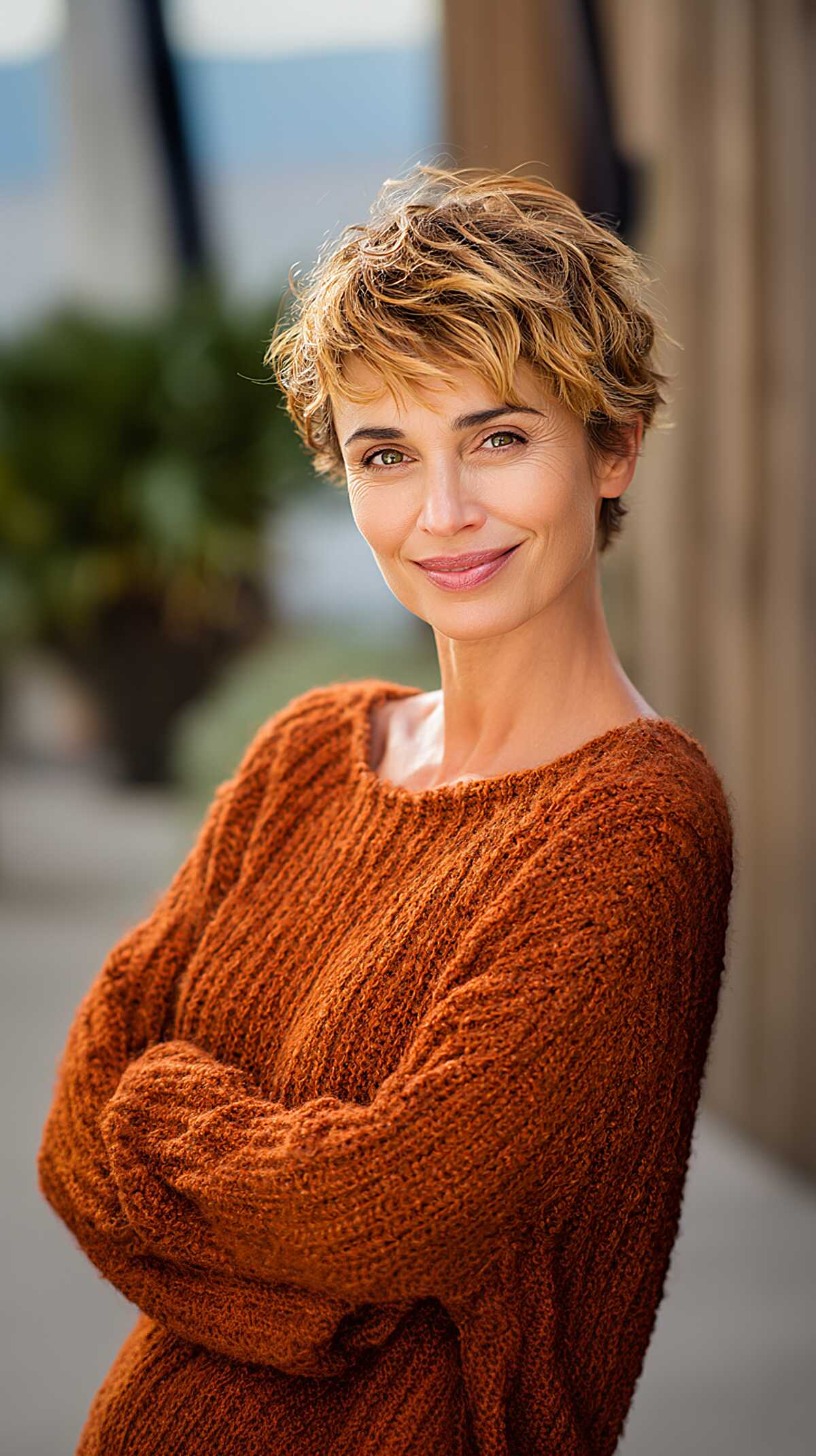 Golden honey blonde pixie with wavy feathered layers