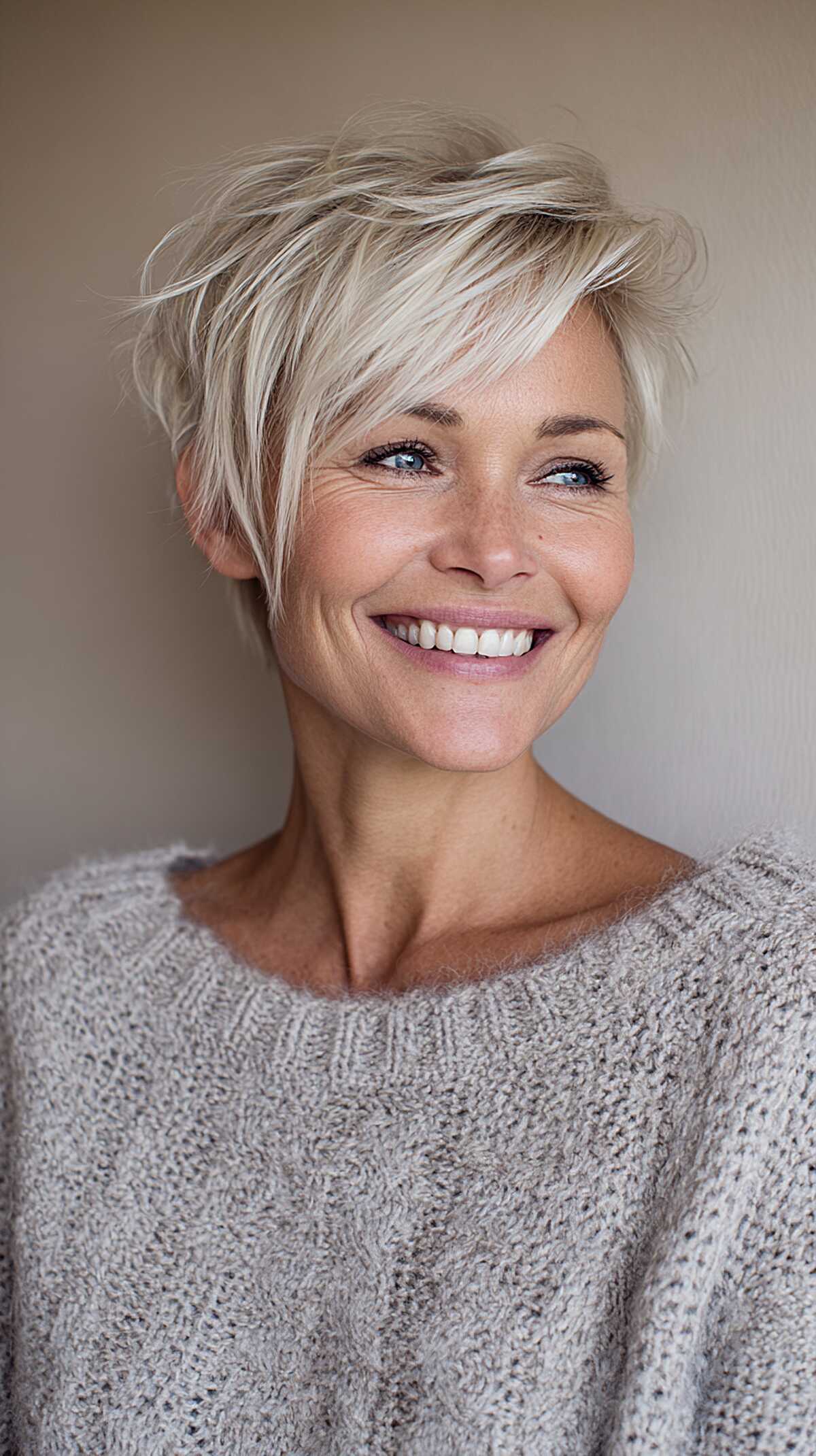 Platinum blonde feathered pixie with side-swept layers