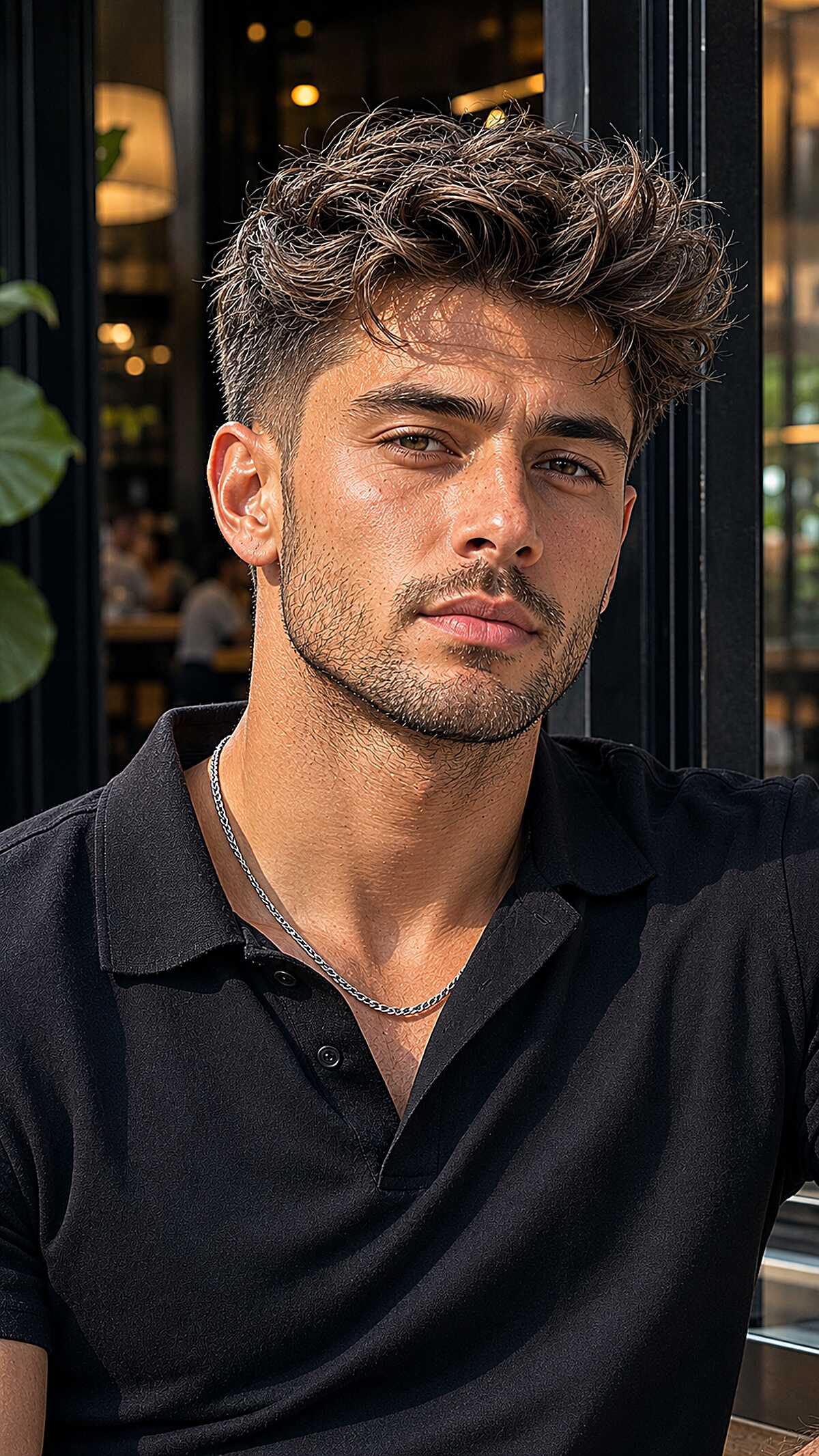Wavy messy quiff with tapered sides and stubble
