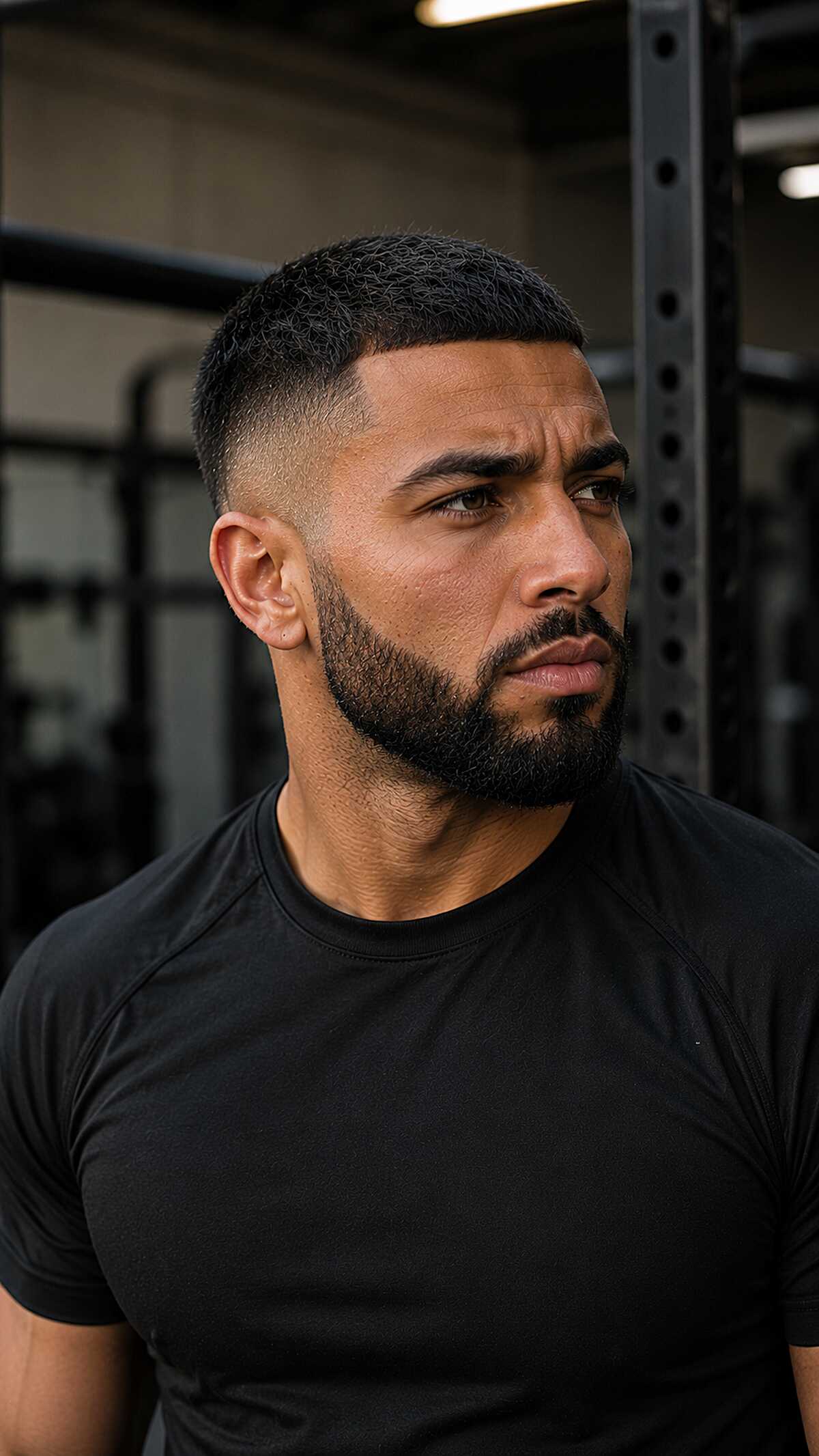 Short buzz cut with sharp skin fade and beard