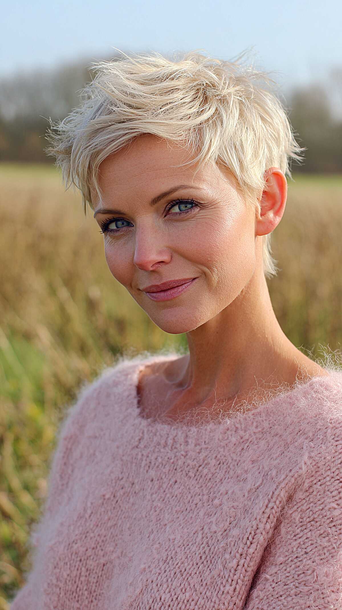 Platinum blonde close-cropped pixie with tousled texture