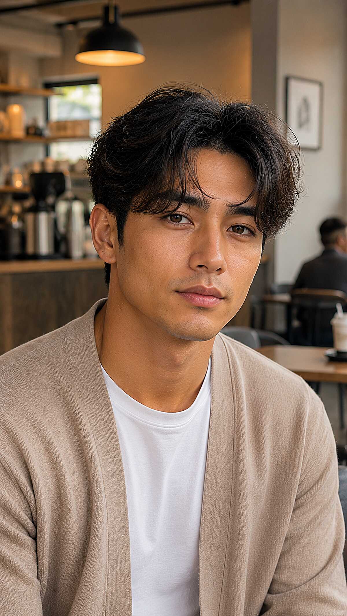 Relaxed wavy middle part with ear-length dark hair