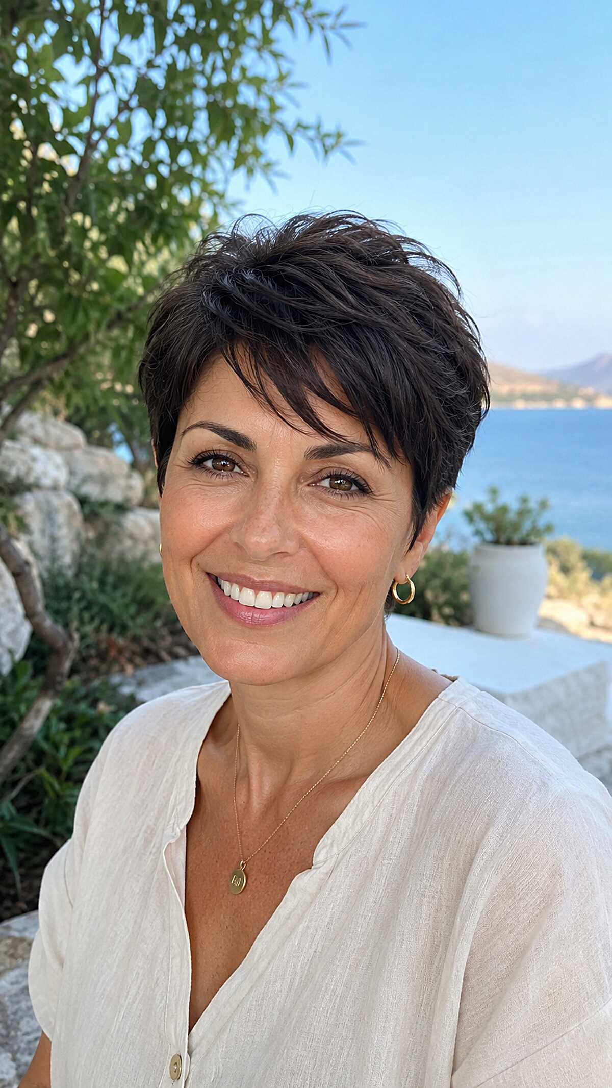 Dark brunette feathered pixie with textured choppy layers