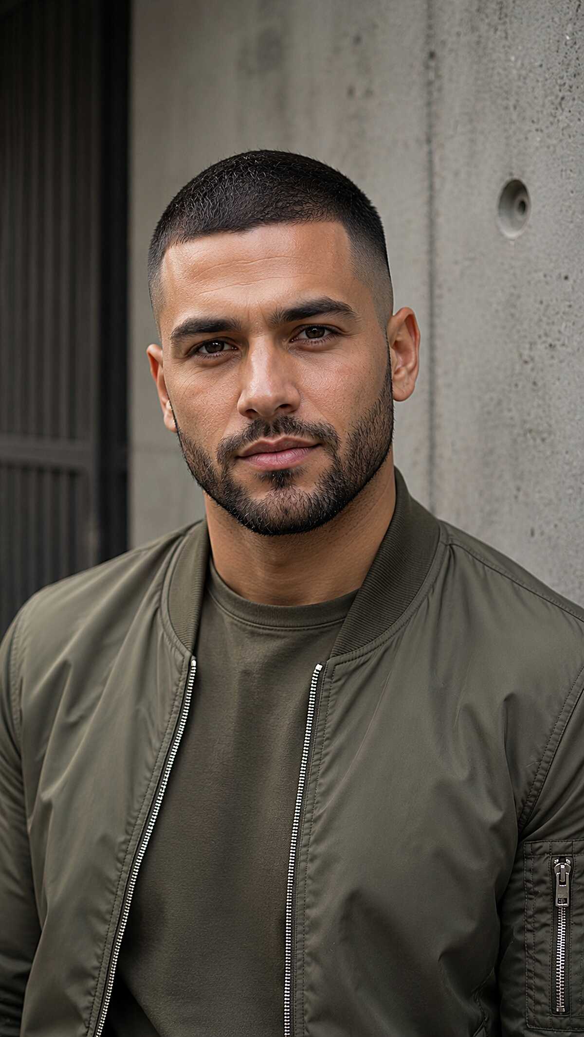 Sharp buzz cut with skin fade blended into beard