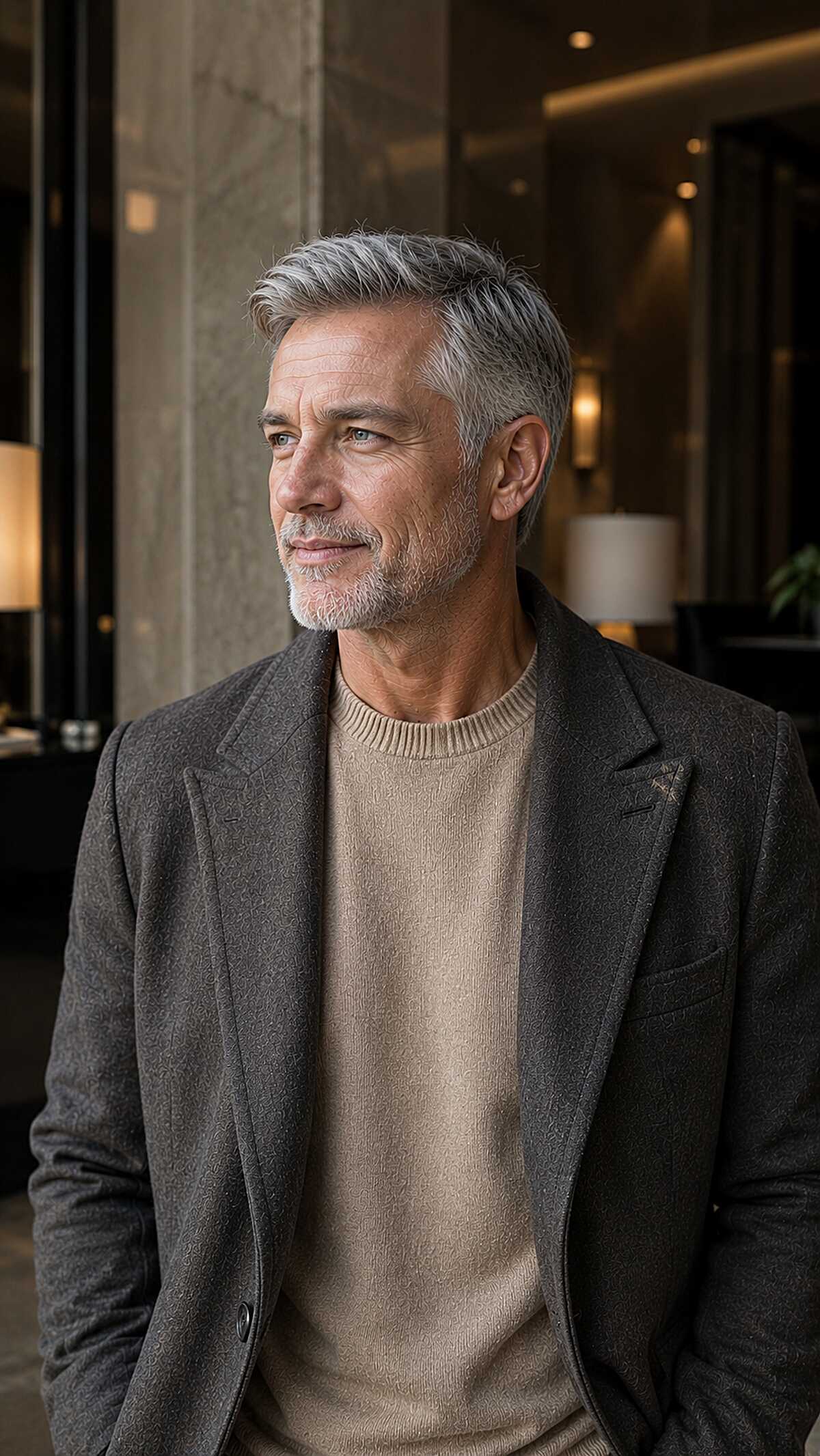 Silver grey side part with tapered sides and nape