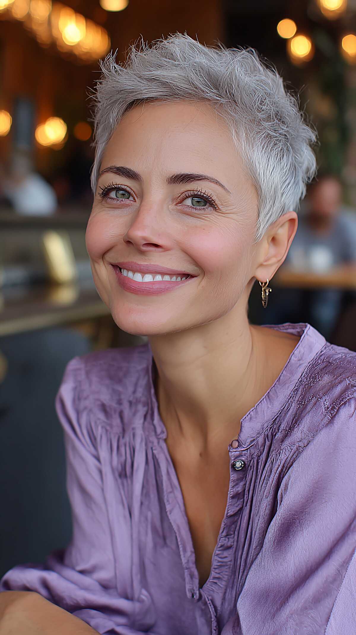 Silver gray short pixie with feathered texture throughout