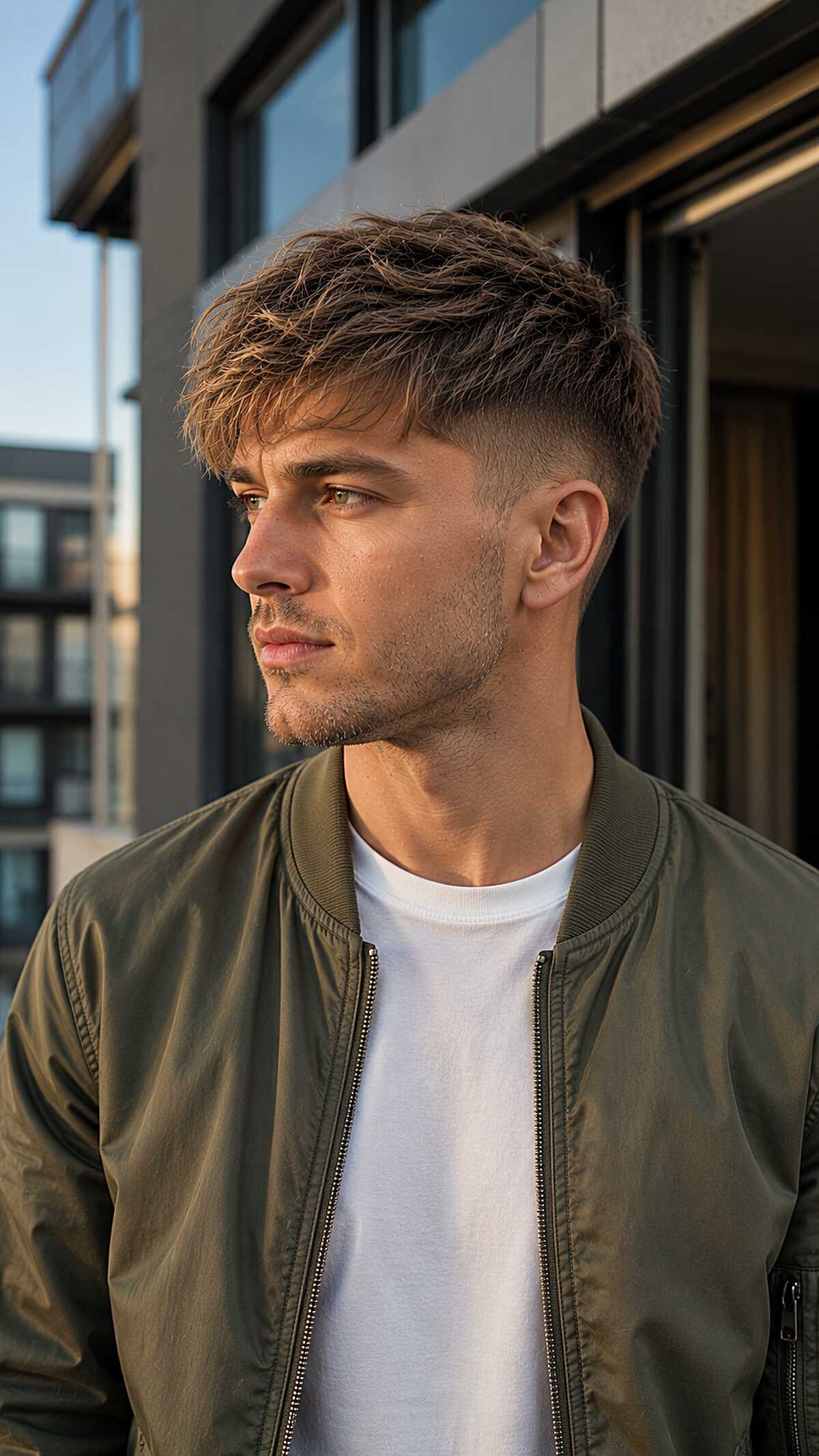 Light brown textured fringe with mid fade sides
